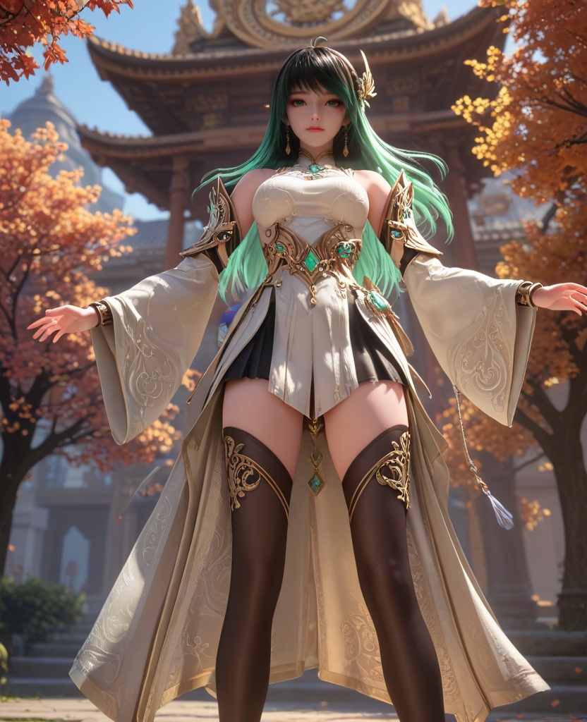 (oriental architecture, elegant decor, sophisticated style:1.1),(Standing, legs apart, arms extended,:1.1),(breasts:1.2),<lora:XL16克金玩家林紫玥新手村:0.95>,miss linziyue,white corset top with coattails,black miniskirt,green eyes,aqua ombre hair,very long hair,hair ornament,jewelry,earrings,detached sleeves,black thighhighs,, score_9,score_8_up,score_7_up,score_6_up,score_5_up,score_4_up,3d rendering,tag1,tag2, Cinematic Lighting,backlighting,, zPDXL3, zPDXL2,zPDXL, zPDXLxxx, zPDXLrl,