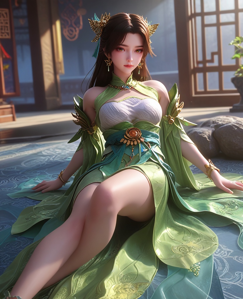 (oriental architecture, elegant decor, sophisticated style:1.1),(Spread-eagled on a bed, lying,:1.1),(Establishing shot:1.1),(large breasts:1.2),<lora:XL16云深不知梦少女云望舒:0.95>,adolescent girl,green dress with tulle skirt,white bandeau,brown eyes,black hair,long hair,hair ornament,jewelry,sash,detached sleeves,bracelet,green shoes,, score_9,score_8_up,score_7_up,score_6_up,score_5_up,score_4_up,3d rendering,tag1,tag2, Cinematic Lighting,backlighting,