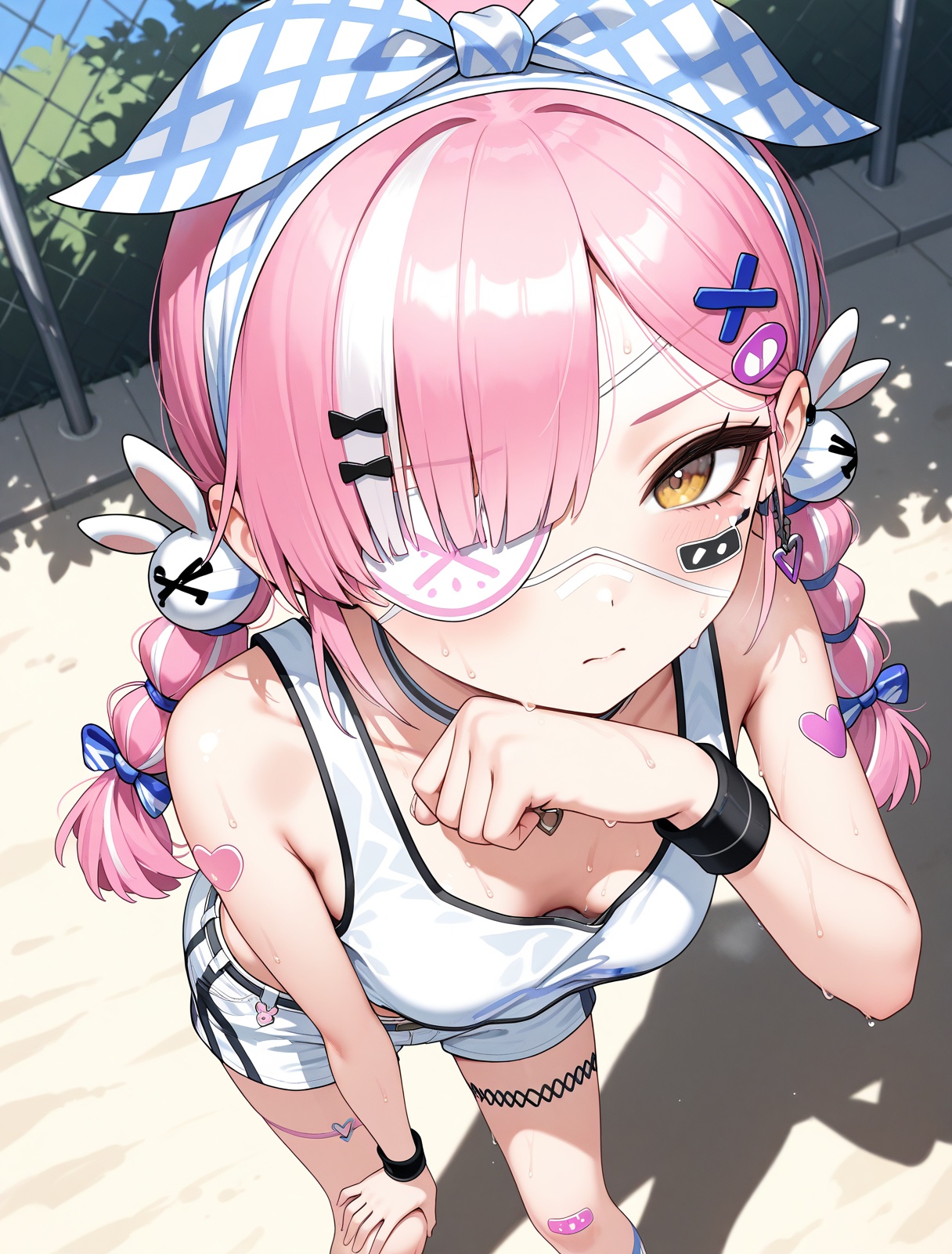 <lora:z47_IL_v2.0:1>,z47 \(batter home run\) \(azur lane\),eyepatch,outdoors,sweat,leaning forward,wiping sweat,from above,hand on own knee,, masterpiece,best quality,