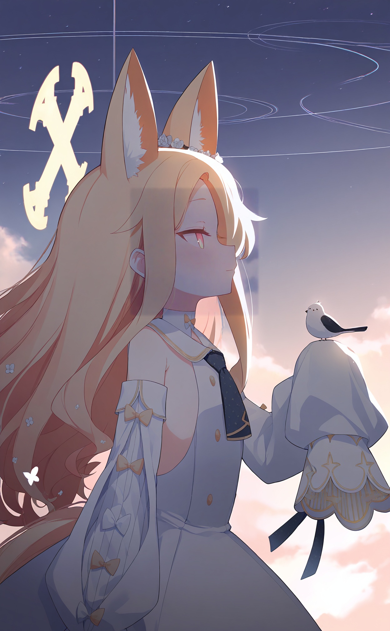 masterpiece,highres,absurdres,newest,best quality,high quality,loli,petite,chromatic_aberration,//,1girl,seia_\(blue_archive\),animal_ears,bird,halo,blonde_hair,fox_ears,white_dress,dress,yellow_halo,detached_sleeves,long_hair,solo,white_bird,sleeves_past_fingers,sleeves_past_wrists,sky,animal_ear_fluff,yellow_eyes,bird_on_hand,fox_girl,hair_ornament,from_side,short_necktie,profile,closed_mouth,evening,star_\(sky\),white_sleeves,flower,hair_flower,bare_shoulders,outdoors,extra_ears,long_sleeves,sleeve_bow,cloud,animal,orange_eyes,//,<lora:ba44——【noob】hans:1>,