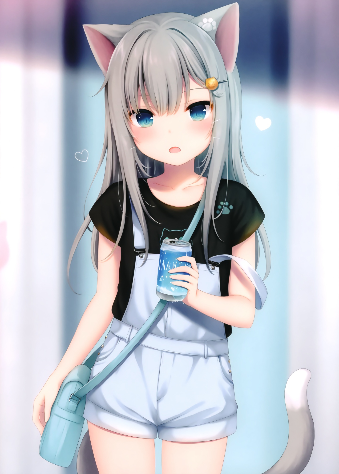 masterpiece,absurdres,best quality,petite,high quality,//, 1girl, animal_ears, overalls, cat_ears, grey_hair, black_shirt, solo, long_hair, tail, shirt, cat_tail, blue_eyes, cat_girl, overall_shorts, holding, hair_ornament, bag, cat_print, can, holding_can, looking_at_viewer, short_sleeves, shoulder_bag, hairclip, animal_print, open_mouth, blush, hair_between_eyes, collarbone, fang, holding_strap, blurry_background, blurry, strap_slip, cowboy_shot, cat_hair_ornament, animal_ear_fluff, depth_of_field, heart, shorts, standing, :o, cat, paw_print//,<lora:amashiro_natsuki ——【CKXL】hans:0.8>,