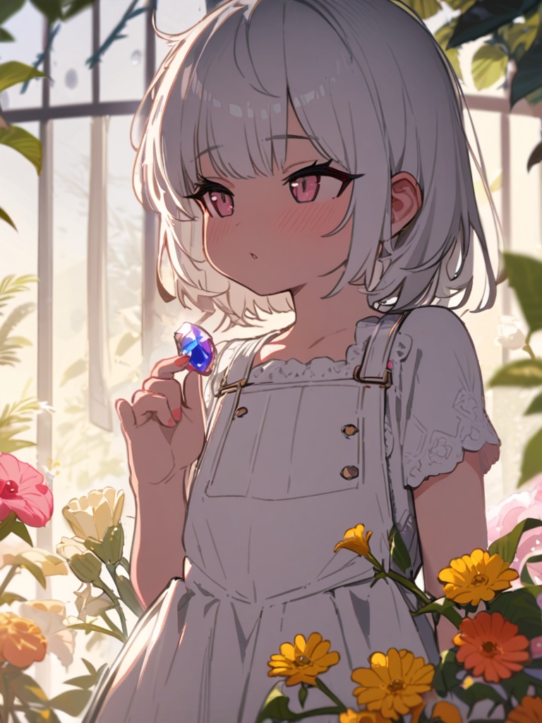 masterpiece, best quality, <lora:style578-a31-000020:1>, loli,white hair,A dreamy, hazy, and filled-with-light-dots beauty shot. The overall scene is slightly dark, packed with various details such as flowers, vines, gemstones, etc.