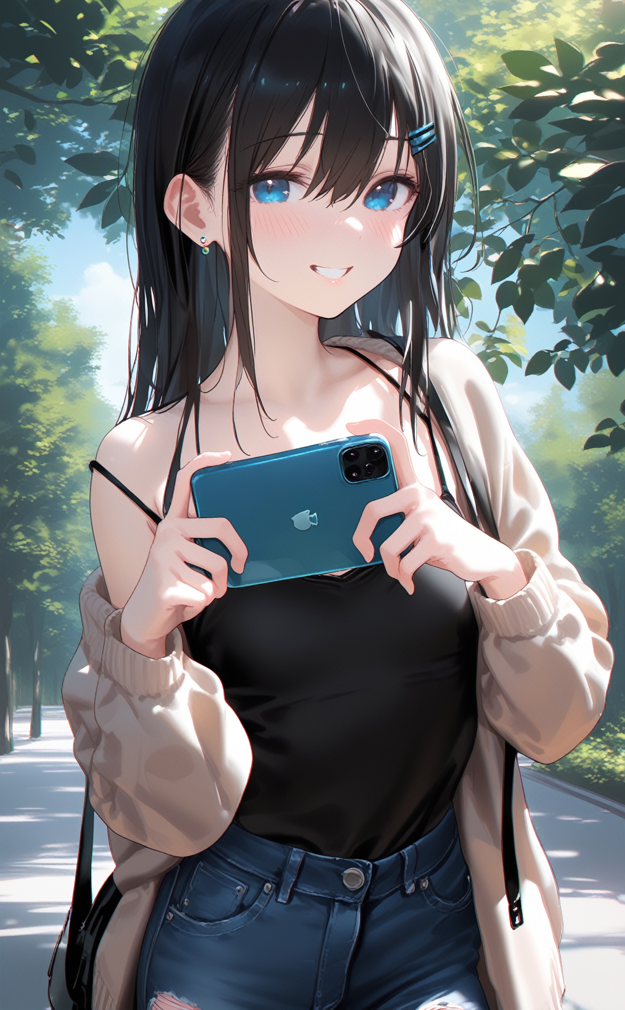 masterpiece,best quality,high quality,loli,chromatic_aberration,//,1girl,solo,phone,holding,long hair,smile,denim,cellphone,pants,bag,breasts,holding phone,jeans,camisole,black camisole,smartphone,blue eyes,hair ornament,black hair,torn pants,collarbone,torn clothes,tree,outdoors,jewelry,hairclip,earrings,long sleeves,torn jeans,cardigan,cowboy shot,off shoulder,looking at viewer,blush,spaghetti strap,grin,hair between eyes,open cardigan,open clothes,sweater,handbag,single bare shoulder,shoulder bag,shirt,//,//,<lora:MAQ326——【noob】hans:0.6>,