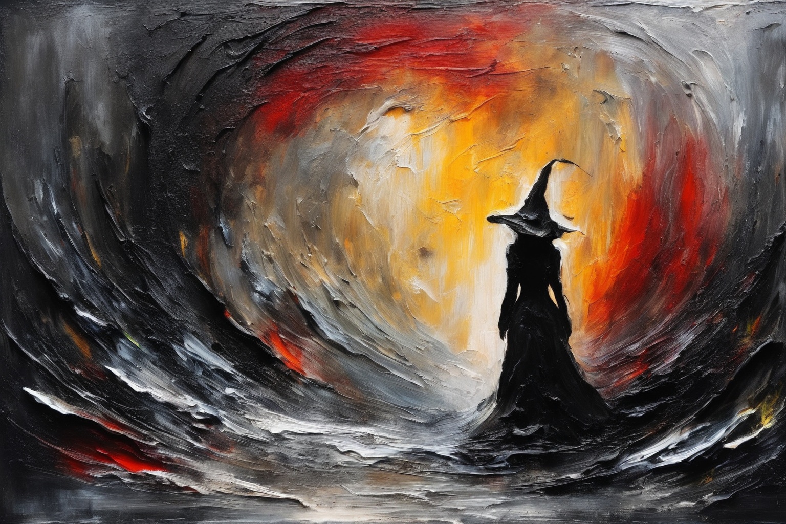 a hyper abstract painting of ((a lady made out of thick paint)),  with her back to the camera,  wearing a black pointy wiz...