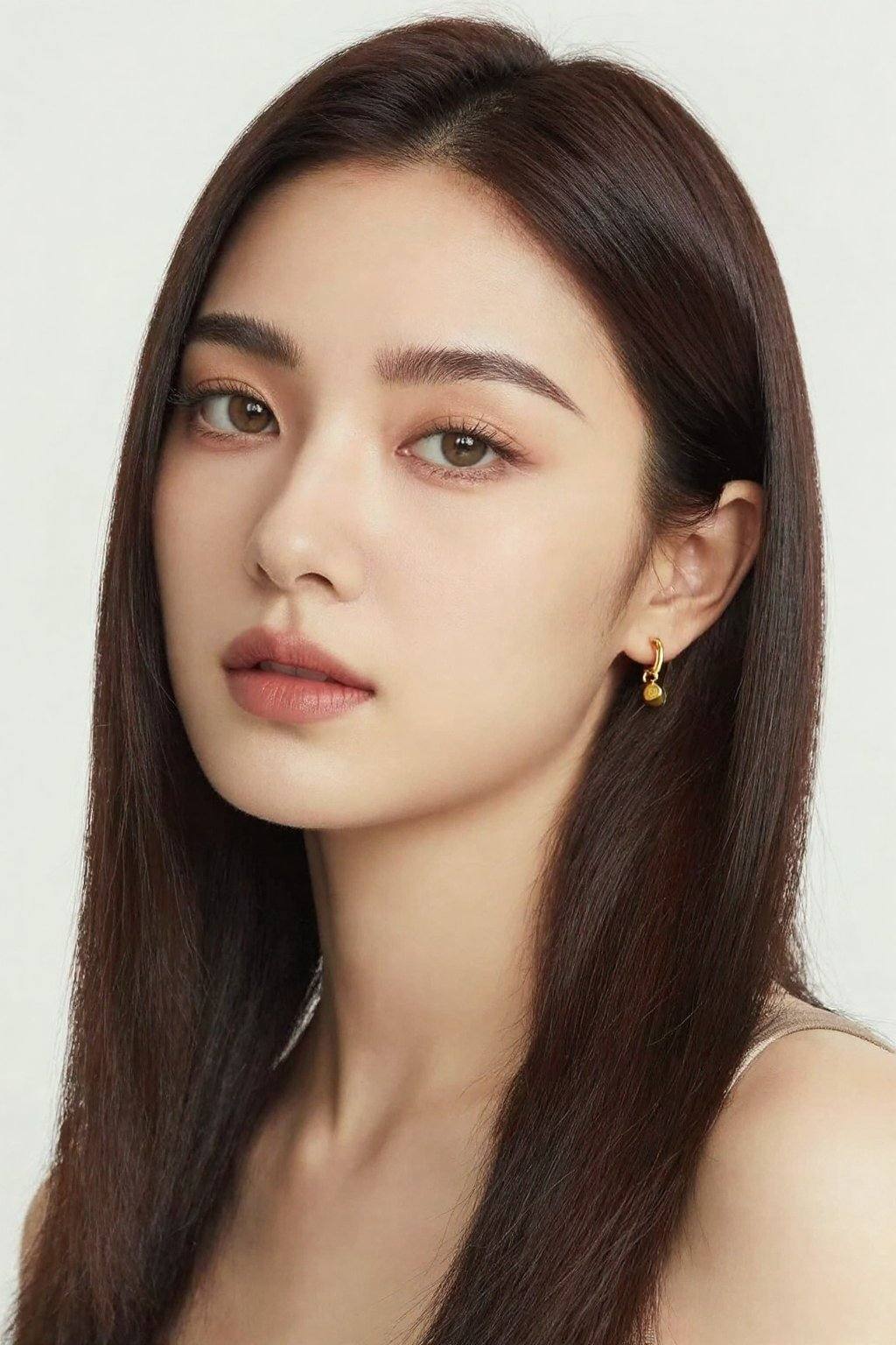 <lora:20260302_TinZITSharpnessSliderLora_v1_000000090:0>, The person in the image is a woman. She has fair skin, straight dark brown hair, and light brown eyes. She is wearing a gold earring with a small pendant.
