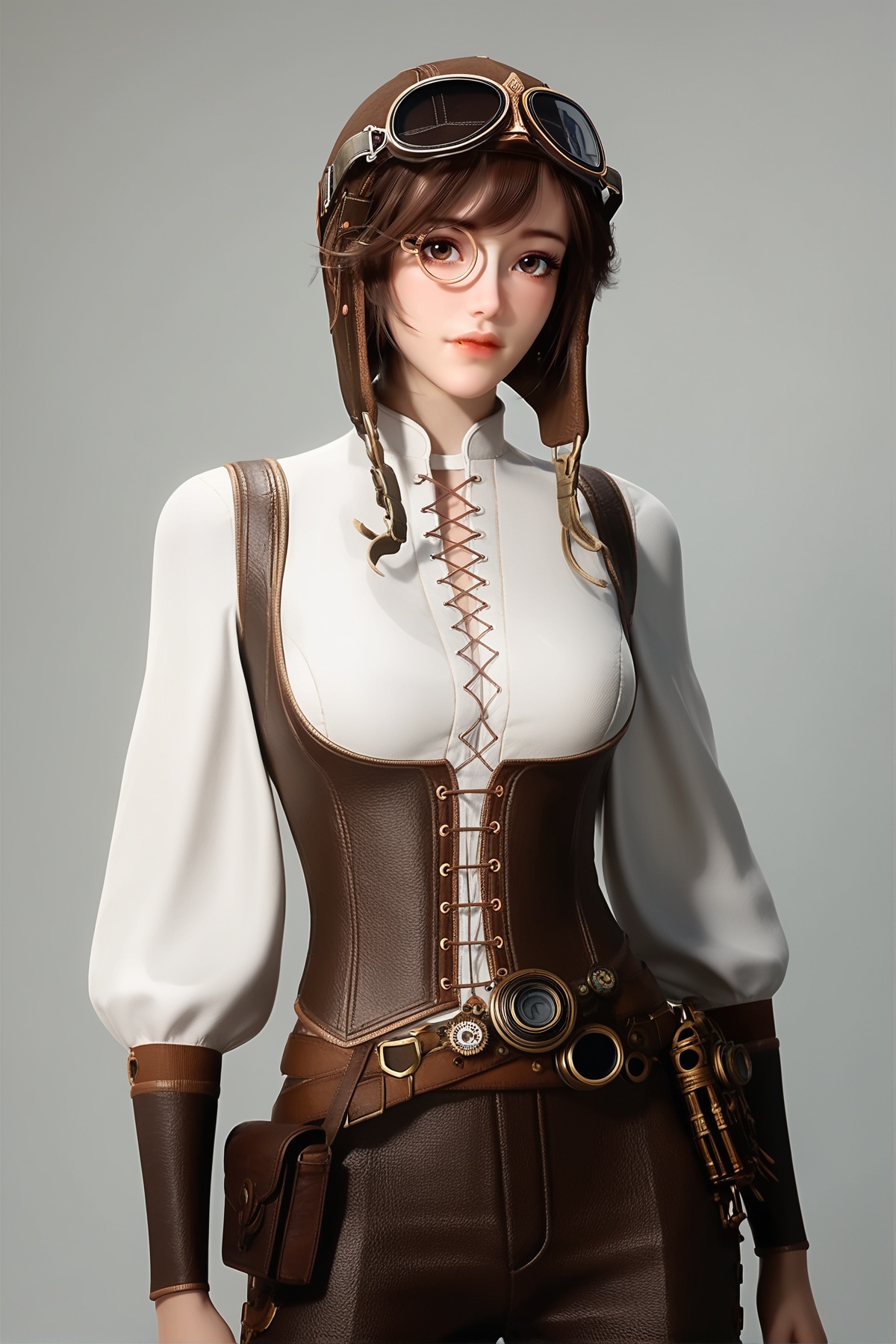 score_9,score_8_up,score_7_up,<lora:wy_nanqiuqiu_XL7.0:0.8>,1girl,long hair,breast,medium breast,dress,brown hair,brown eyes,simple background,white_background,goggles,steampunk,goggles on head,white shirt,pants,monocle,