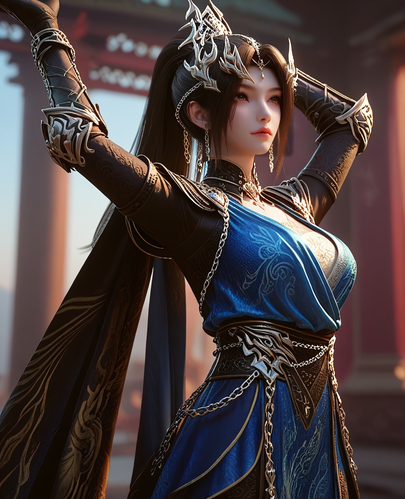 (oriental architecture, elegant decor, sophisticated style:1.1),(Leaning against a wall, arms above head,:1.1),Long shot,(large breasts:1.2),<lora:XL16云深不知梦羲和融合玄凤:0.95>,miss xihe,black wrap coat with blue overdress,shoulder armor,brown eyes,black hair,very long hair,ponytail,hair ornament,jewelry,chain ornament,gauntlets,sash,blue to white ombre base skirt,cape,, score_9,score_8_up,score_7_up,score_6_up,score_5_up,score_4_up,3d rendering,tag1,tag2, Cinematic Lighting,backlighting,