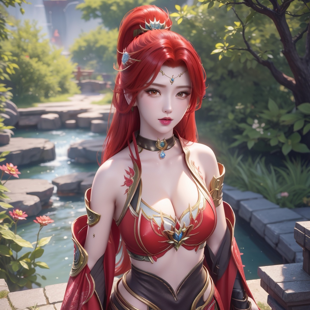 <lora:斗破苍穹-唐火儿:0.8>,red hair,   (,1girl, ,best quality, ),looking at viewer,  ,ultra detailed background,ultra detailed background,ultra realistic 8k cg,, ,masterpiece, (( , )),, , , spirit blossom \(league of legends\),   ,   (cleavage), (), ,,