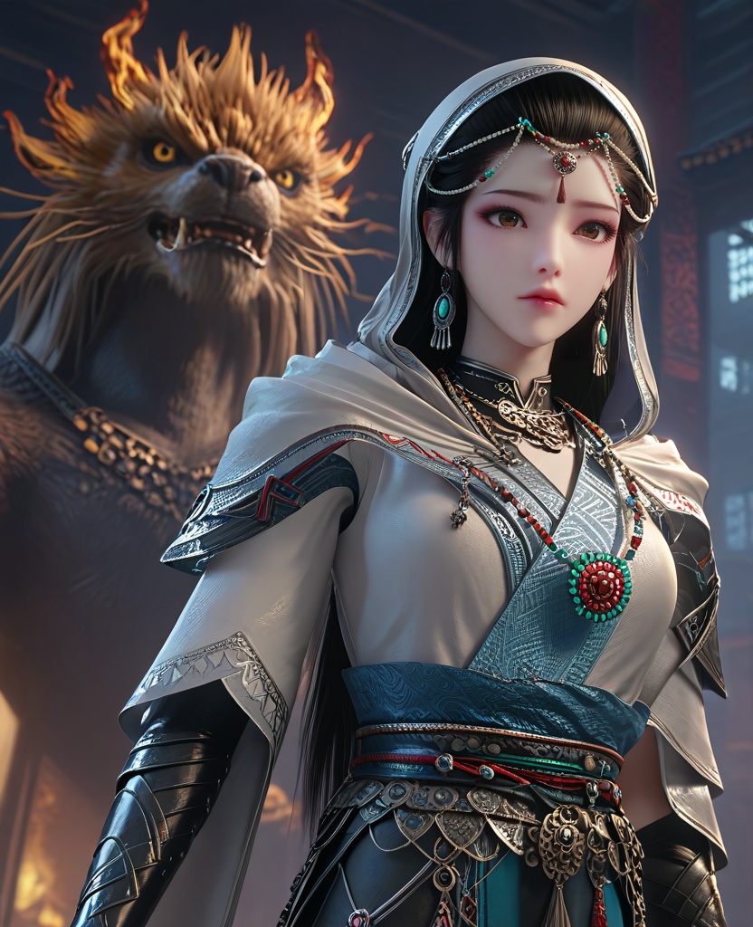 (oriental architecture, elegant decor, sophisticated style:1.1),(Hands on the cheeks, looking surprised:1.1),(breasts:1.2),<lora:XL16长生界龙岛兰诺:0.95>,miss lannuo,tiered dress,brown eyes,forehead chain,black hair,long hair,earrings,jewelry,necklace,vambraces,sash,assassin‘s cloak,hood,, score_9,score_8_up,score_7_up,score_6_up,score_5_up,score_4_up,3d rendering,tag1,tag2, Cinematic Lighting,backlighting,