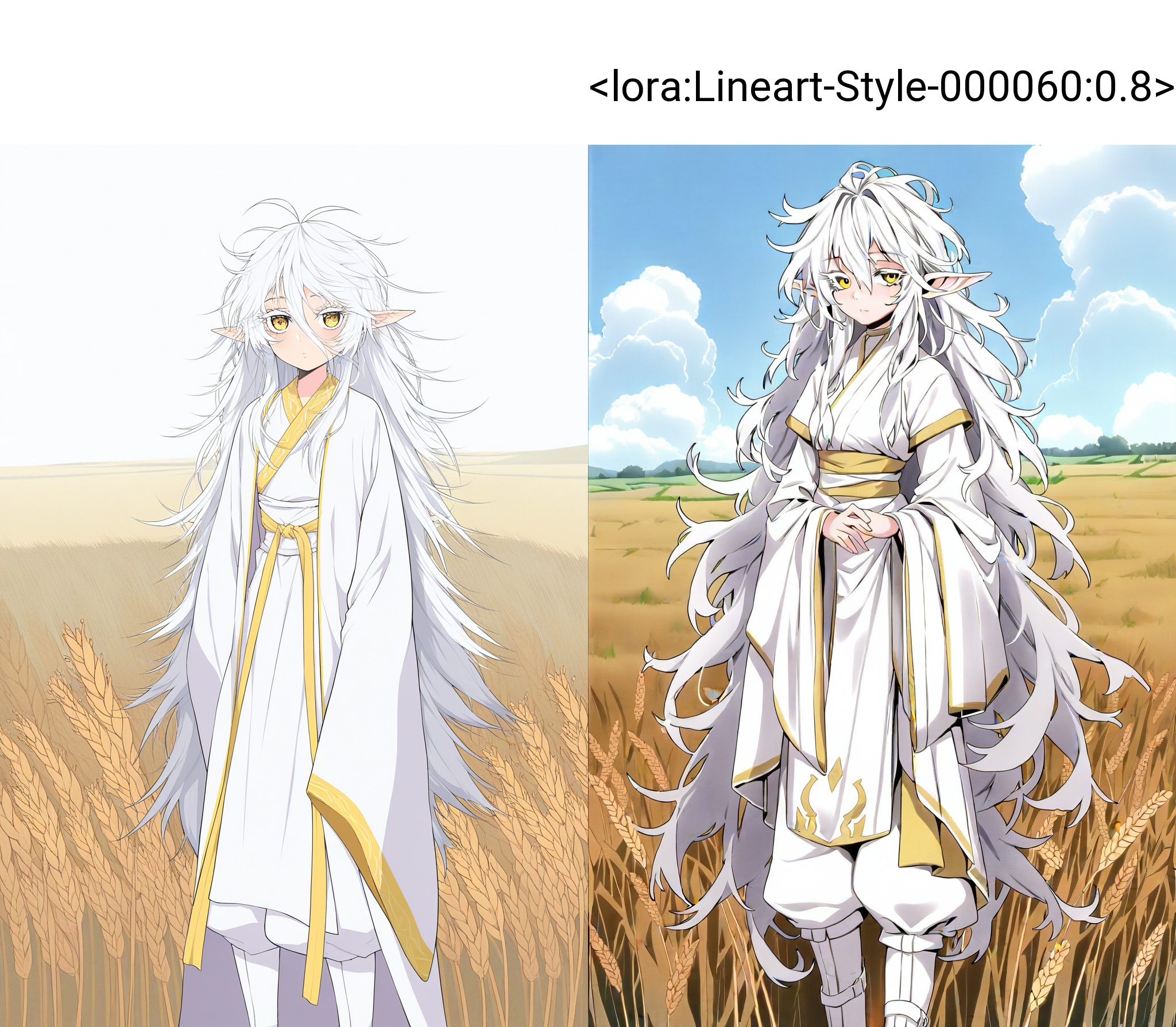 highres,absurdres,Visual impact,masterpiece,best quality,very aesthetic,amazing quality,newest,lineart,traditional media,greyscale,\\//,1girl,solo,elf ears,very long hair,white hair,hair between eyes,disheveled hair,(messy hair:1.3),ahoge,yellow eyes,eyeshadow,long sidelocks,White dense eyelashes,(yellow trim:1.1),(white kimono:1.1),white hanfu,long sleeves,wide sleeves,(yellow loincloth:1.1),white pelvic curtain,white waist apron,white waist cape,long waist cape,(pelvic curtain:1.1),( waist cape:1.1),(waist apron:1),(puffy pants:1.1),(white pants:1.1),knee boots,white boots,(simple clothes:1.5), \, (wheat field:1.5),looking at viewer,looking back,upper body,