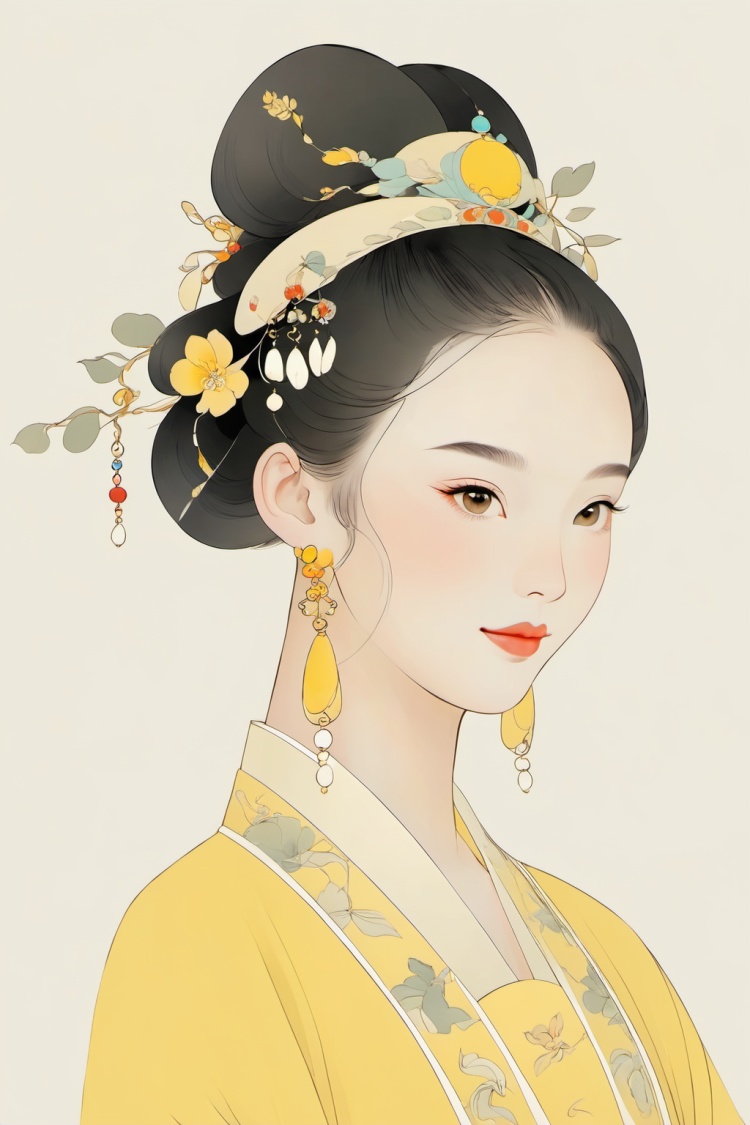 (chinese traditional minimalism:1.3), Close-up Portrait, Left View, Chinese eenchanting Maiden, Charming smile, solo,1girl, beautiful ,elegant, pale yellow color matching, white background, hair accessories, earrings,