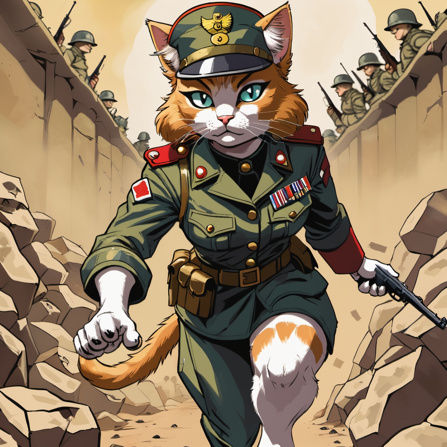 Closeup of an anthro furry cat female wearing soldier uniform ,  fighting in ww1 trench,  paws on Tensor.Art