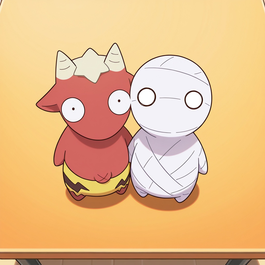 masterpiece,best quality,amazing quality,conny,mii-kun,2others,looking at viewer,standing,underwear,full body,male focus,horns,black eyes,no humans,holding hands,bandages,looking up,bandaged arm,o o,creature,dot pupils,no mouth,heads together,side-by-side,mummy,yellow shorts,<lora:Sora_Kashiwagi_V2:1>,on table,(from_above:0.5),