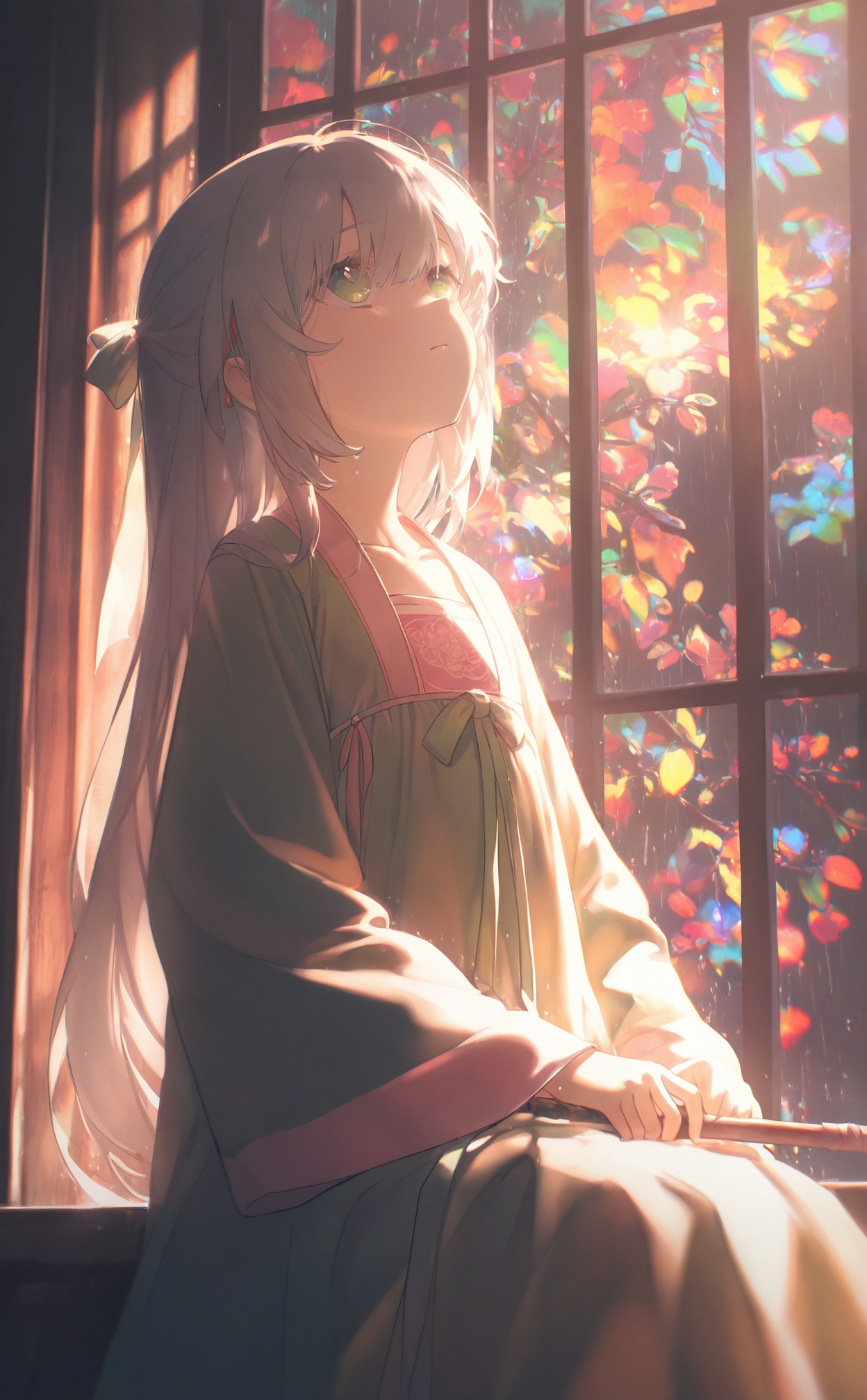 masterpiece,very aware,highres,absurdres,newest,best quality,loli,petite,high quality,chromatic_aberration,//,illustration,ultra detailed,hdr,Depth of field,(colorful),hanfu,1girl,loli,solo,green eyes,chinese clothes,rain,flower,window,night,wide sleeves,ribbon,long sleeves,grey hair,long hair,hair ribbon,indoors,branch,collarbone,looking up,holding,sitting,closed mouth,//,<lora:konya_karasue——【noob】hans:0.8>,