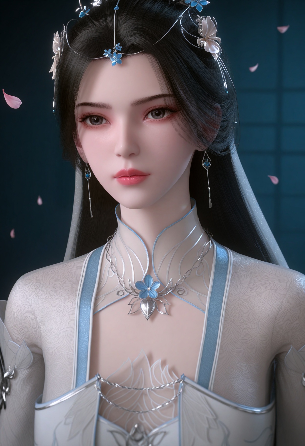 (close-up:1.1),(gigantic breasts:0.6),(slender:1.3),(looking_at_viewer:1.1),(masterpiece:1.1),(best quality:1.2),(intricate details),(smog:1.3),(Dark room:1.3),(dim lighting:1.3),peach blossom,falling petals,<lora:YQ_Illustrious光辉v5_李慕婉白衣_V1:0.8>,(q1528437228:1.1),solo,1girl,black_hair,hair_ornament,long_hair,jewelry,dress,earrings,white_dress,sash,long_sleeves,chinese_clothes,hair_bun,tiara,veil,bracelet,flower,clothing_cutout,see-through,ponytail,see-through_sleeves,single_hair_bun,blue_dress,blue_footwear,masterpiece,(best quality),(intricate details:0.9) BREAK (intricate details:0.9),(realistic skin:1.2),masterpiece,best quality,newest,absurdres,hiahres,