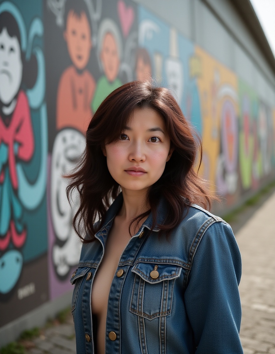 realistic photo of a Japanese woman,  young woman,  ベルリンの壁アートでのポートレイト: "Shiho taking a portrait in front of the iconic Ber...