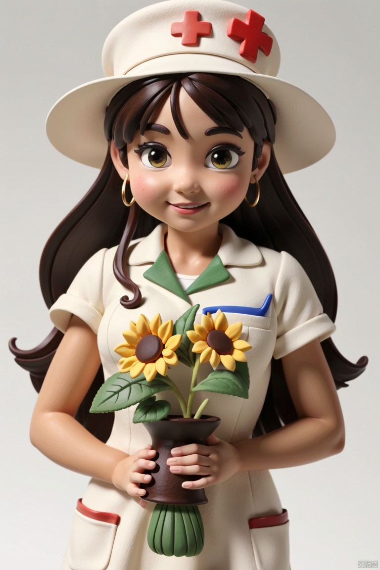 Clay,One girl,white hat,nurse,super elegant,White background,Holding sunflowers,Nurse's hat, Red Cross