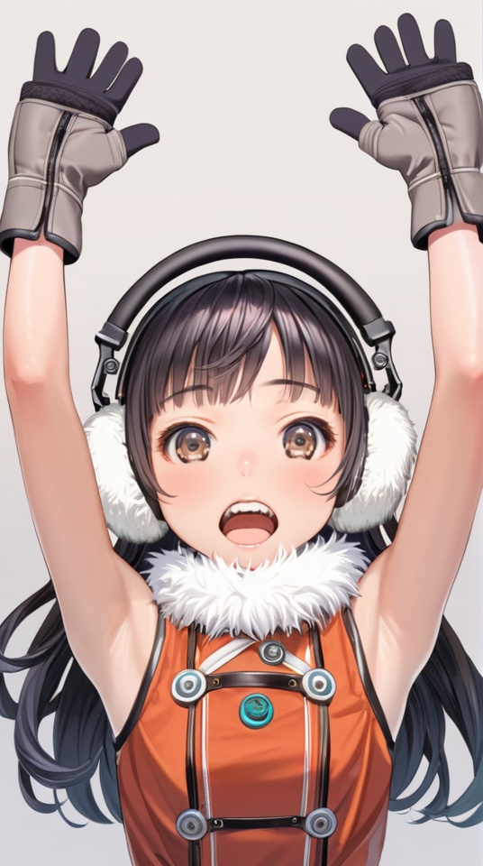 (best quality), ((masterpiece)), (highres), illustration, original, extremely detailed,  <lora:莲实复古动漫XL:0.7>1girl, solo, earmuffs, gloves, arms up, long hair, armpits, black hair, open mouth, looking at viewer, bangs, sleeveless, teeth, upper body, fur trim, brown eyes, simple background, blush, grey gloves