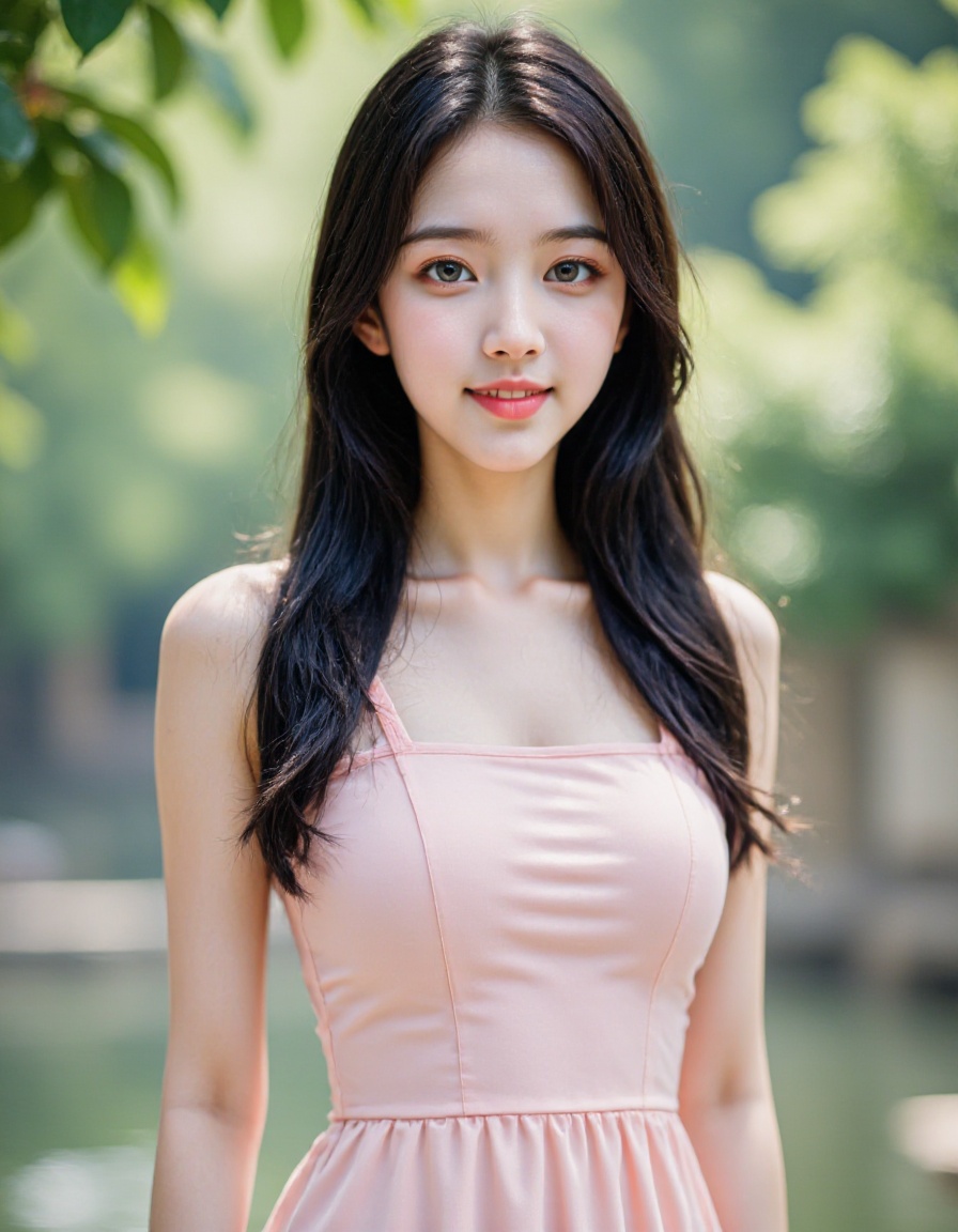 photo-hdr, film grain, realistic, photorealistic, 1girl, solo, black hair, looking at viewer, dress, long hair, smile, brown eyes, upper body, lips, sleeveless, breasts, outdoors,