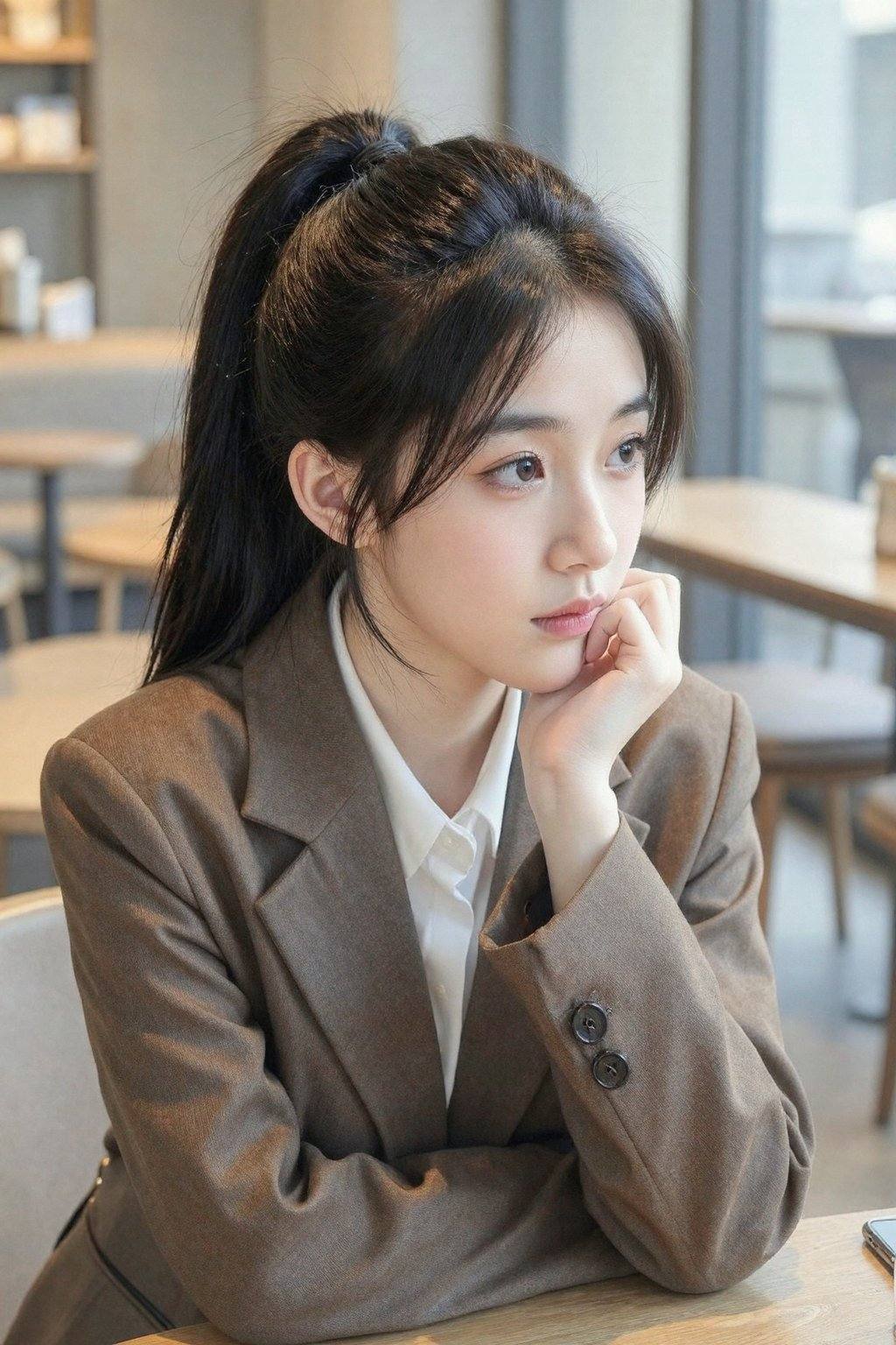 A photograph of a young Asian woman with fair skin,  long black hair tied back in a high ponytail,  and delicate facial fe...