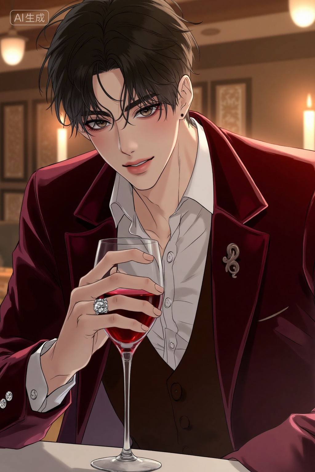 masterpiece,best quality,high detail,Realistic anime style,, a drawing of a handsome young man,,  in a burgundy velvet blazer with crystal cufflinks, his fingers tracing the rim of a wine glass in a candlelit tasting room., Negative prompt: ng_deepnegative_v1_75t,(badhandv4:1.2),EasyNegative,(worst quality:2),,nsfw, Steps: 30, Sampler: Euler, CFG scale: 3.5, Seed: 1082583803, Size: 1024x1536, Model hash: 8cba4f1ef4, Model: F.1基础算法模型-哩布在线可运行_F.1-dev-fp8.safetensors, Denoising strength: 0, RNG: CPU, Lora 1: 20251118, Lora Hash 1: 9783be0a3a, Lora Weight 1: 1.0, vae_name: automatic