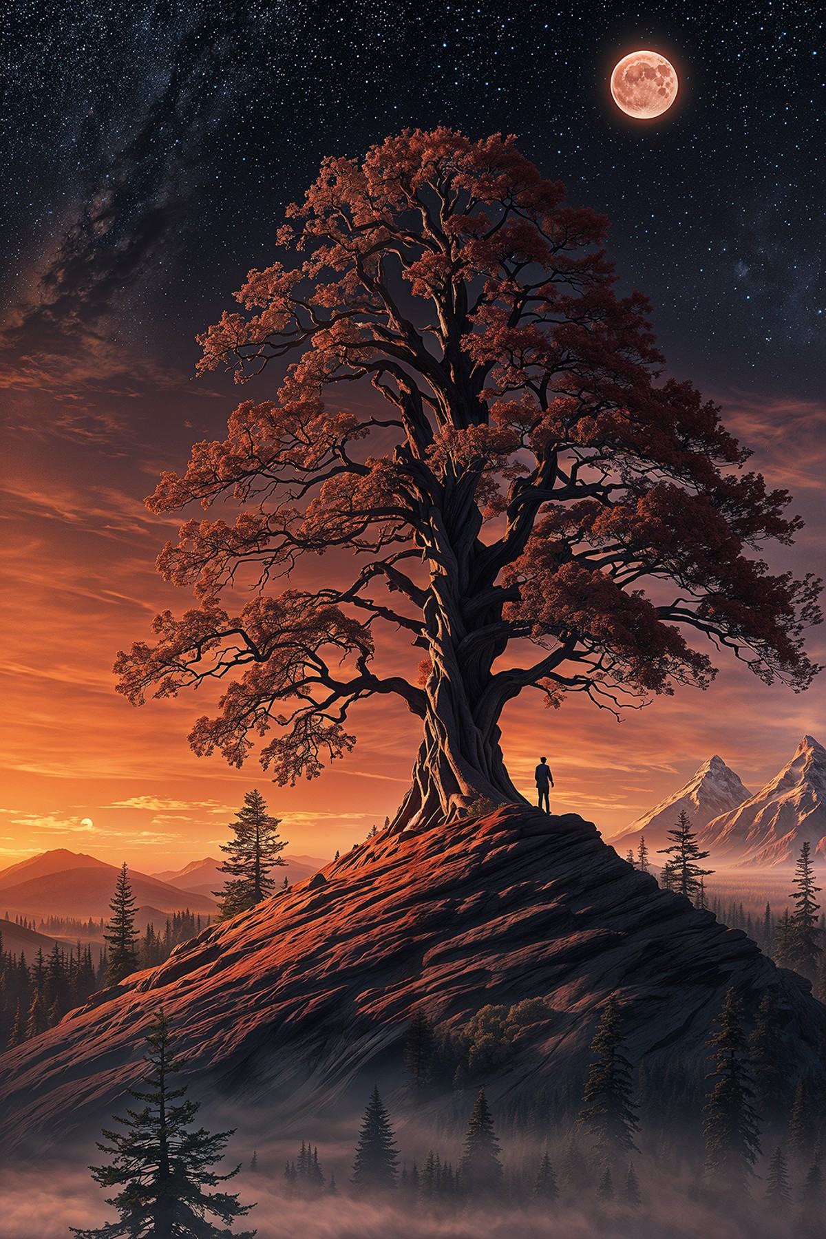 dystopian style the image presents a surrealistic landscape scene. dominating the background is a large mountain,  adorned...