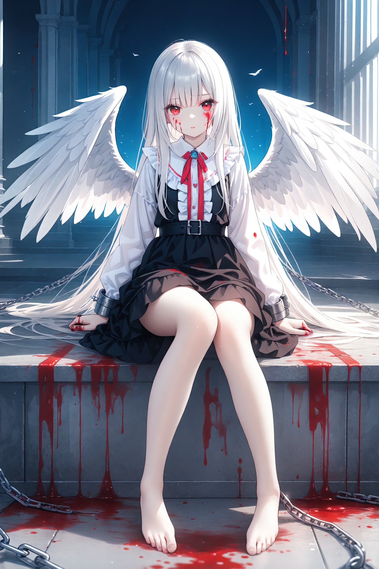 (masterpiece),(best quality),illustration,ultra detailed,hdr,Depth of field,(colorful),1girl,solo,wings,blood,long hair,sitting,chain,red eyes,blood on hands,feathered wings,barefoot,blood on face,blood from eyes,dress,long sleeves,cuffs,feathers,frills,looking at viewer,very long hair,white wings,bandages,shackles,bangs,<lora:loli-lora-hansXL:0.4>,