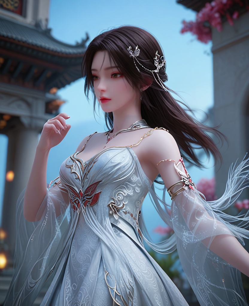 (oriental architecture, elegant decor, sophisticated style:1.1),Web-Slinging Pose, One hand forward as if shooting webs, one leg raised, ready to swing through the city,,(breasts:1.2),<lora:XL完美世界白衣火灵儿:0.95>,miss bailinger,solo,white chiffon dress,jewelry,detached sleeves of see-through,brown eyes,black hair,long hair,hair ornament,armlet,lips,necklace,eyelashes,bare shoulders,, zPDXL2, score_9, score_8_up, score_7_up BREAK realistic, masterpiece,best quality, highly detailed,, zPDXL3, zPDXL2,zPDXL, zPDXLxxx, zPDXLrl,