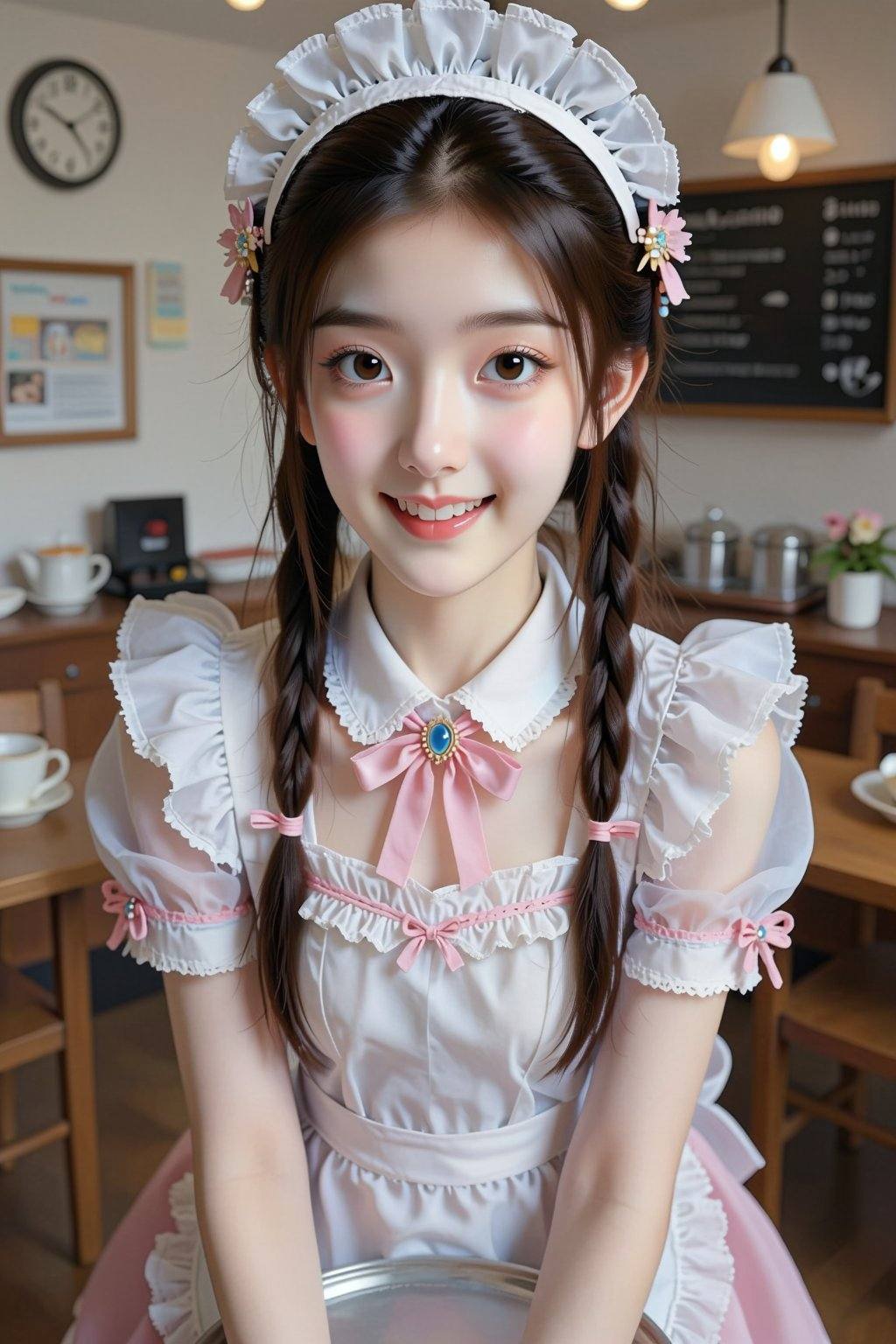A medium close-up shot of a young East Asian woman dressed in a charming,  pastel-themed maid outfit. She has a slender bu...