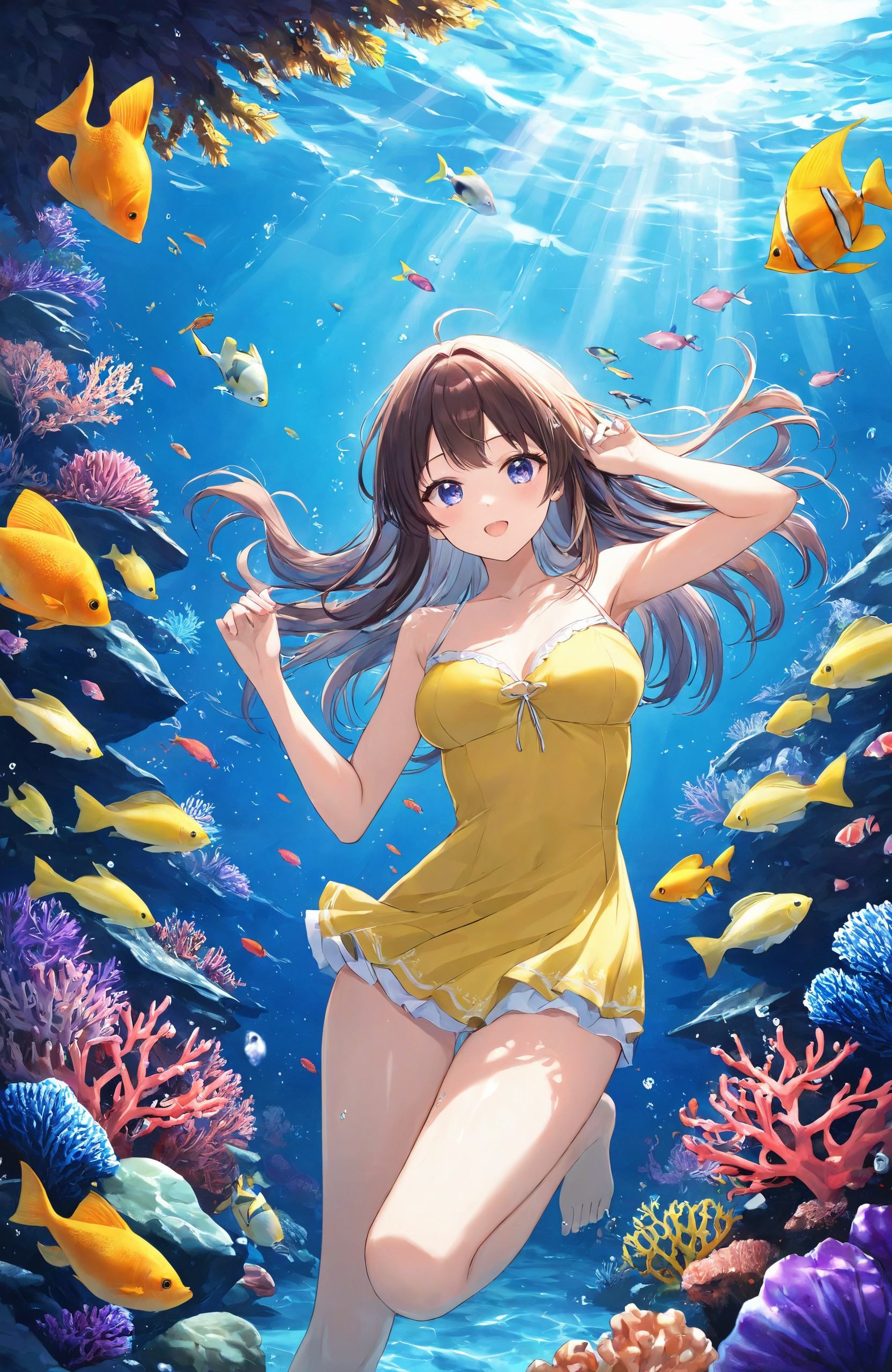 "Underwater Dream, a girl swimming gracefully with colorful fish and sea creatures, surrounded by coral reefs and sunbeams filtering through the water."