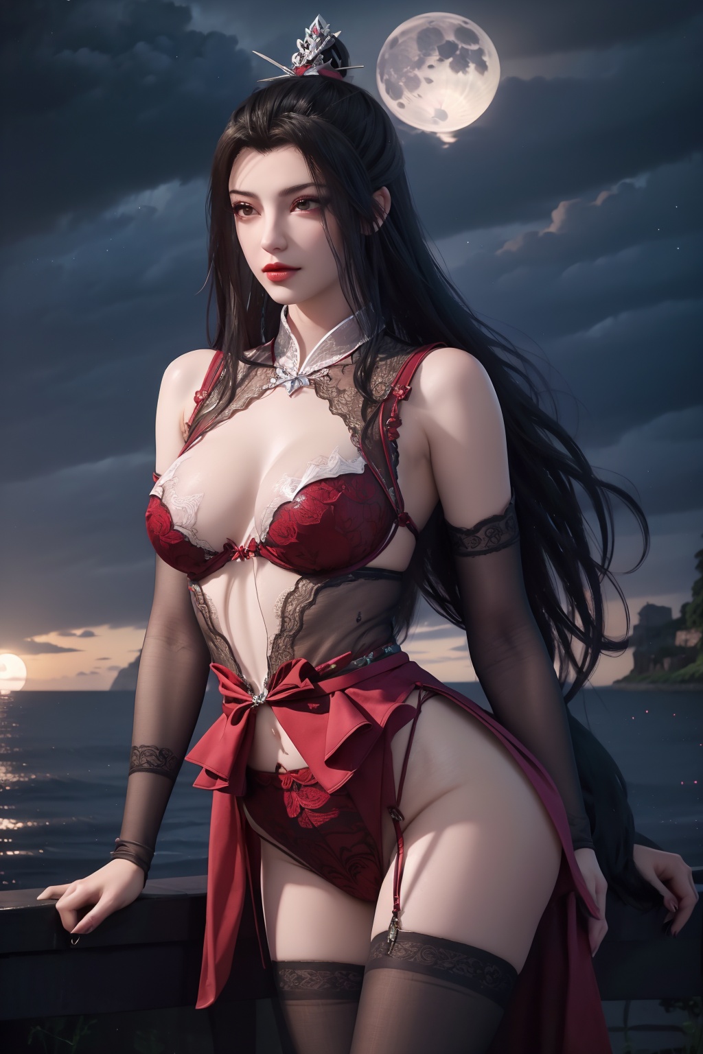 standing,flower,full_moon,moon,night,lily_pad,lotus,moonlight,nipples,water,night_sky,lily_\(flower\),sky,partially_submerged,1girl,solo,hair ornament,long hair,realistic,nail polish,photo_\(medium\),(medium breasts, cleavage),makeup,(8k, RAW photo, best quality, masterpiece:1.2),(realistic, photorealistic:1.3),ultra-detailed,extremely detailed cg 8k wallpaper,(crystalstexture skin:1.2),extremely delicate and beautiful,(sexy pose:1.2),wearing edgHL,see-through,thighhighs,sexy lingerie,(medium breasts:1.2),silk,thin transparent silk,torn pantyhose,