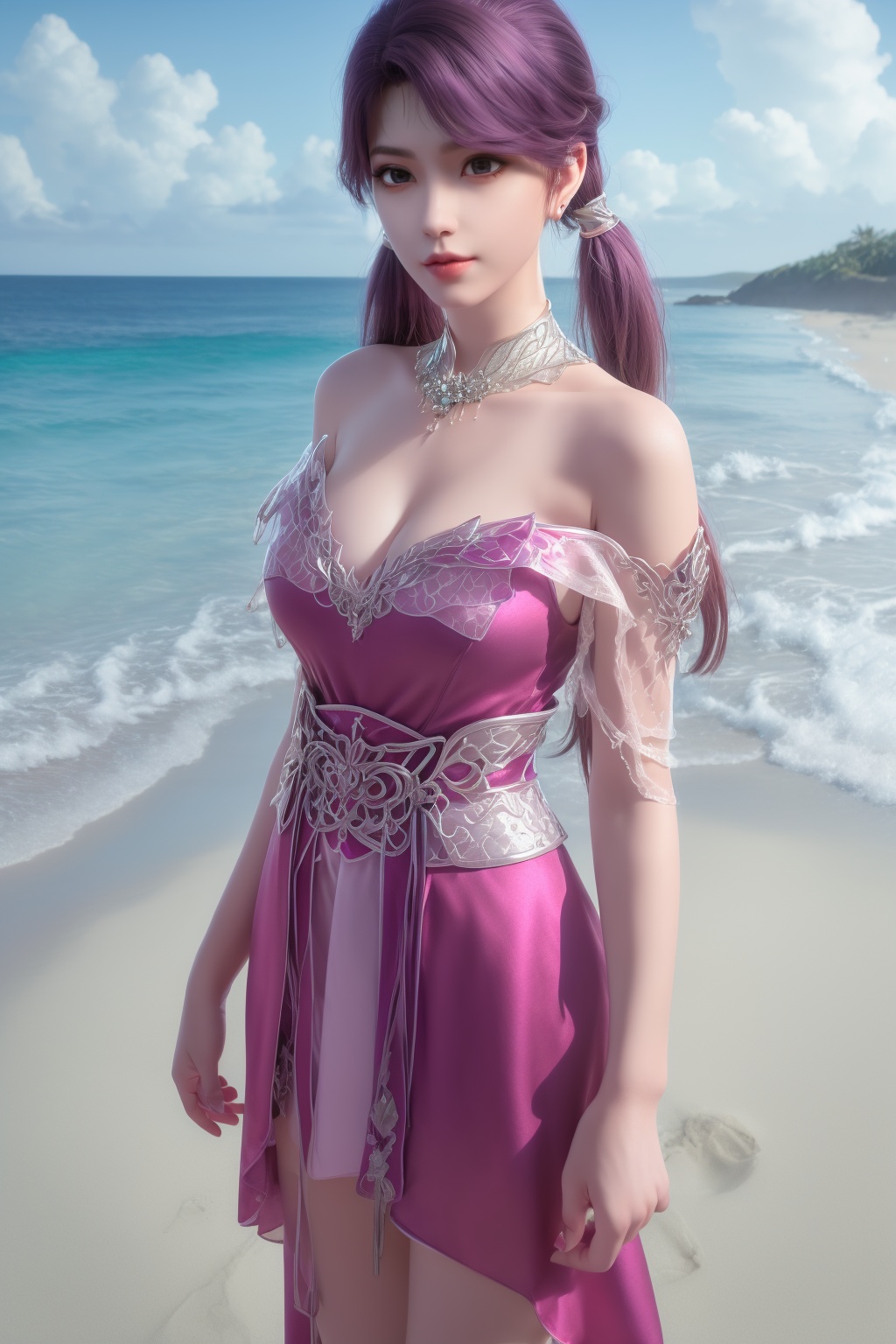 photo_\(medium\),(8k, RAW photo, best_quality),(masterpiece:1.2),(realistic:1.2),(photorealistic:1.3),(ultra-detailed),(extremely_detailed_cg_8k_wallpaper),(crystal_texture_skin:1.3),(shiny:1.2),(shiny_skin:1.4),(extremely_delicate_and_beautiful),shenfengLingLuoChen,1girl,solo,armor,purple dress,skirt,detached collar,skirt,torogao,bare shoulders,twintails,standing,jewelry,hair ornament,lips,earrings,necklace,realistic,looking at viewer,Summer,Beach,Sea,sunshine,<lora:shenfengLuoYan_20240514203344-000005:0.7>,