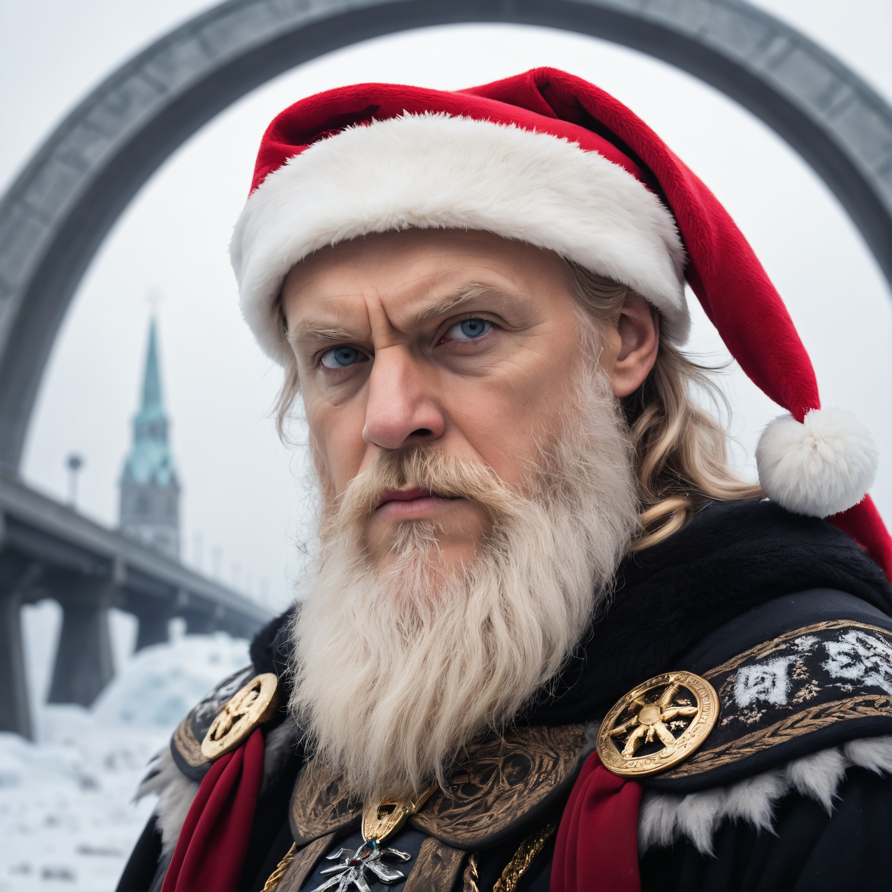 Epic Closeup photo of Odin in an ice landscape wearing a christmas hat ,  bifröst bridge in background on Tensor.Art