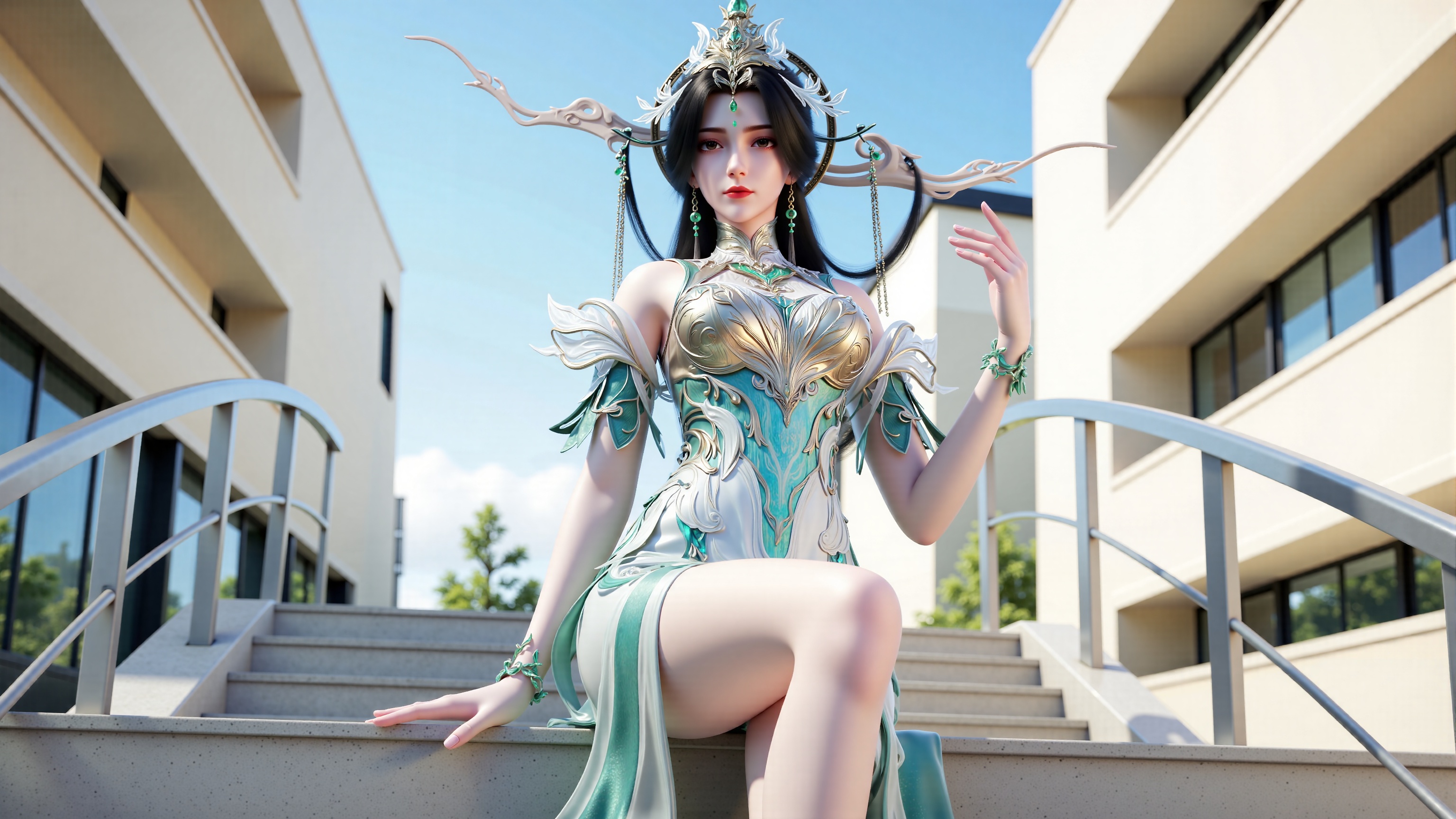 liushen,perfect body,scenery,sharp focus,finely detailed beautiful anime eyes,realistic skin,intricate details,Perfect body structure:1.2,front view.,Good structure,Here's a description of the image: Here's a breakdown of the details: * **The Woman:** She appears to be of East Asian descent.She has fair skin . Her pose is somewhat playful and stylish,with her leg bent and resting on the lower stair. * **The Setting:** The background features modern architecture, a light-beige building with large windows is visible,and there are metal railings on the stairs. The steps are light gray stone. The sky is a clear,unblemished blue,indicating it's likely daytime. The overall feel of the setting is somewhat minimalist and clean. * **Lighting and Photography:** The image is well-lit,likely taken outdoors in natural light. The lighting is even and bright,with no harsh shadows. The photo appears to be carefully composed,with attention paid to the model's pose and the background,