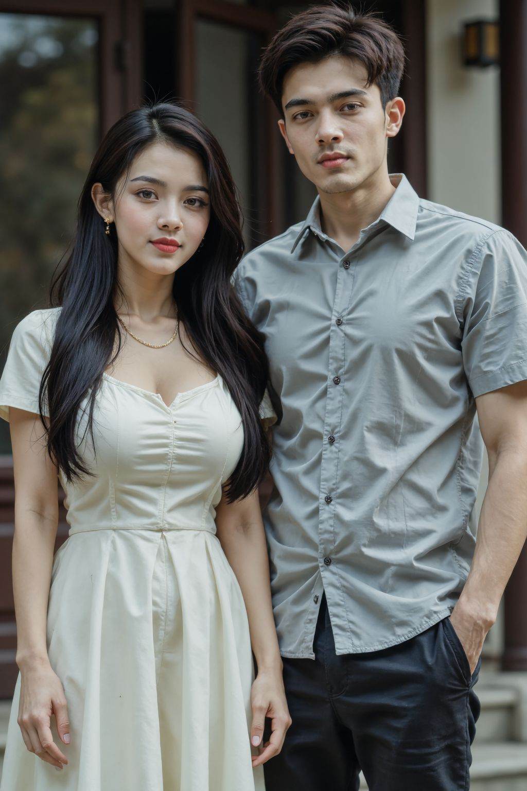 HDR photo of cinematic film still this is a young couple outdoors. The woman with long black hair,wears a light boatneck dress and skirt. The man with short black hair,is in a shirt and pants. Standing in front of the building,