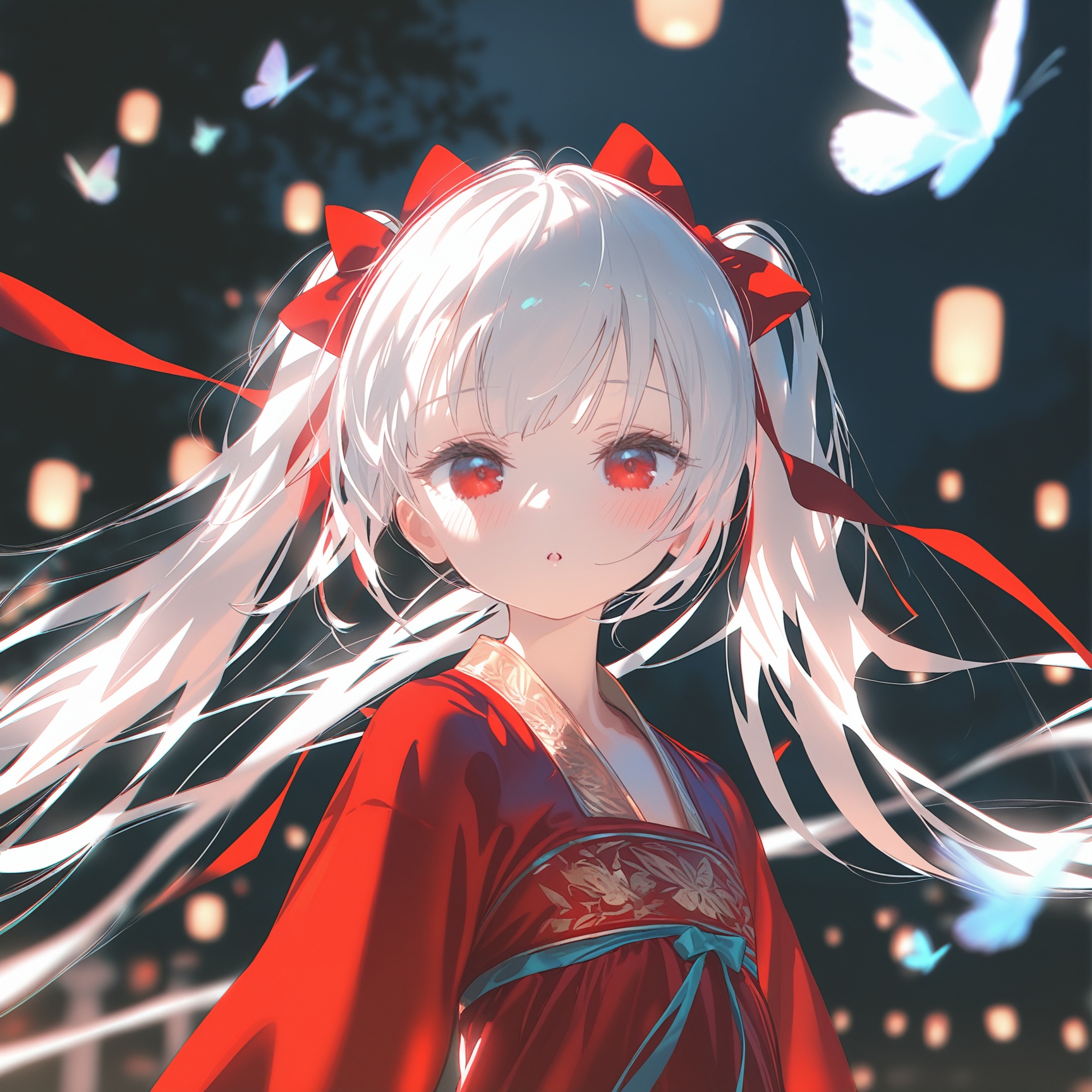 masterpiece,best quality,high quality,loli,chromatic_aberration,//,night,1girl,solo,long hair,looking at viewer,blush,bangs,red eyes,long sleeves,twintails,very long hair,upper body,white hair,hair bow,parted lips,hanfu,Red Hanfu,blurry,:o,floating hair,depth of field,animal,bug,butterfly,//,//,official art,depth of field,detailed light,blurry background,cinematic lighting,ray tracing,ultra detailed,god rays,backlighting,photo background,film grain,chromatic aberration,volumetric lighting,depth of field,blurry background,shiny skin,floating hair,cinematic lighting,day,very aesthetic,<lora:MAQ326——【noob】hans:0.8>,