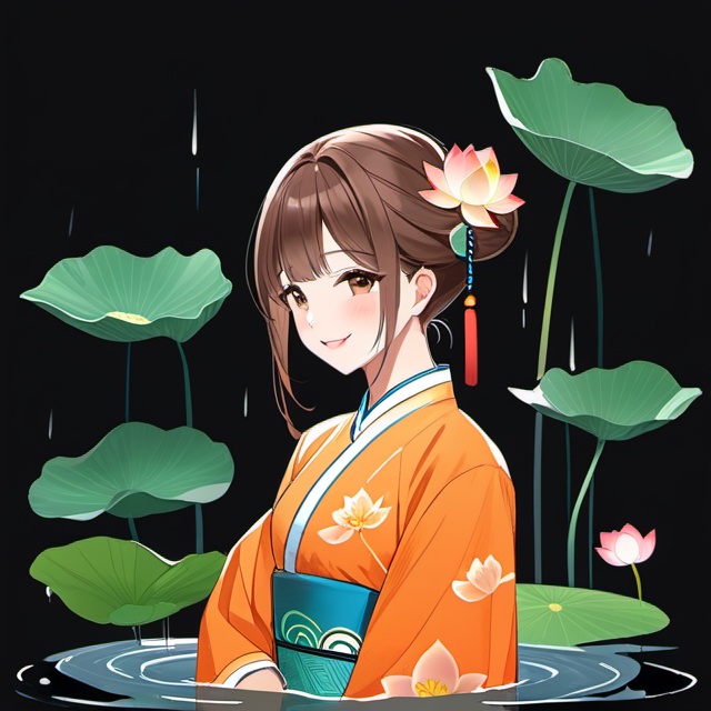 the 24 Traditional Chinese Solar Terms\(Rain Water\),flat,black background, 1girl, solo, smile, brown hair, long sleeves, flower, hair bun, leaf, chinese clothes, orange shirt, lotus,<lora:lbc_Rain Water_XL-ts:1>,