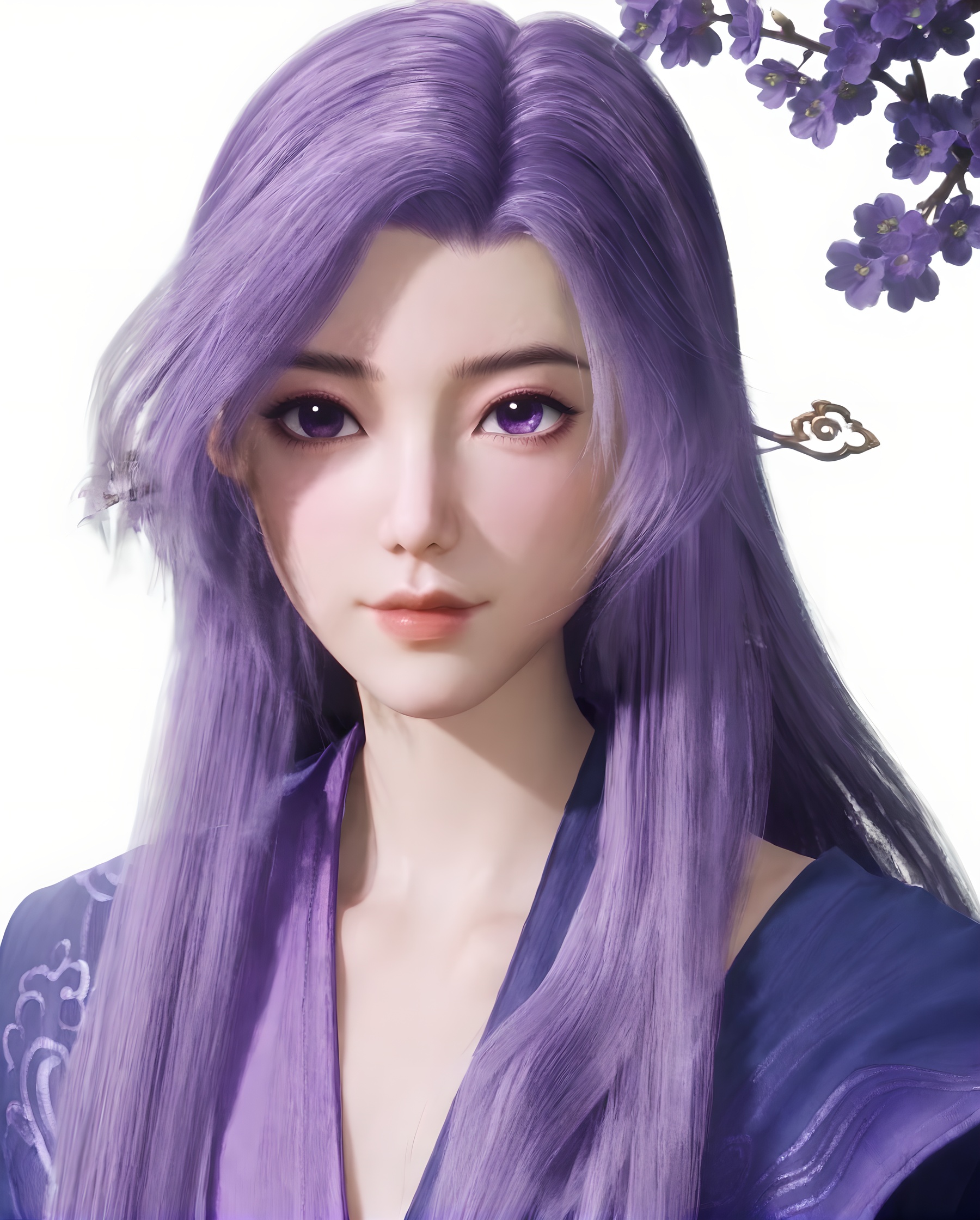 <lora:SF_YunXiaoNew_Pony_Realism-000003:0.7>,1girl,solo,flower,bule clothes,purple eyes,hair ornament,standing,looking at viewer,branch,purple hair,long hair,white background,