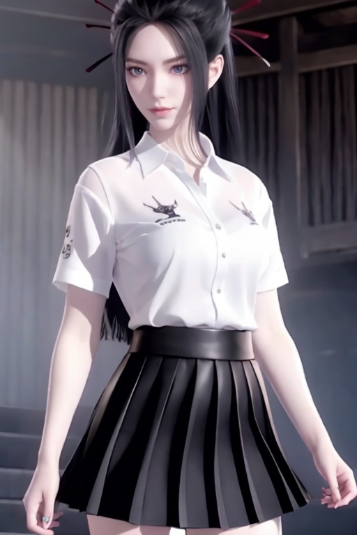 1 girl,black hair,Blue eyes,medium breasts,(white Shirt dress:1.3)and(black pleated skirt:1.3),break,light smile,standing,solo,,<lora:fb793ff6632ce98f34c43b74eee0ddb1e403d9ac4652e2e712f4bd73ad3e7241:0.6>