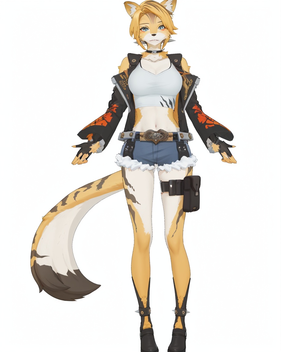 8k,best quality,masterpiece,(ultra-detailed),(high detailed skin),(by nanoless, by misumi \(macaroni\),:0.5),A full-body portrait of a young girl,standing gracefully,pastel art style,high-key lighting,shoujo manga influence,hd quality,delicate details,full body,full shot,standing,looking at viewer,(solo:1.2),simple background,white background,<lora:Pulchra-sd-Tanger-000019:0.8>,pulchra fellini \(zenless zone zero\),clothes: pulchra def clothes,cheetah girl,fur skin,furry,1girl,animal ears,tail,fingerless gloves,jacket,short hair,shorts,belt,blonde hair,open jacket,cutoffs,midriff,thigh strap,full body fur,