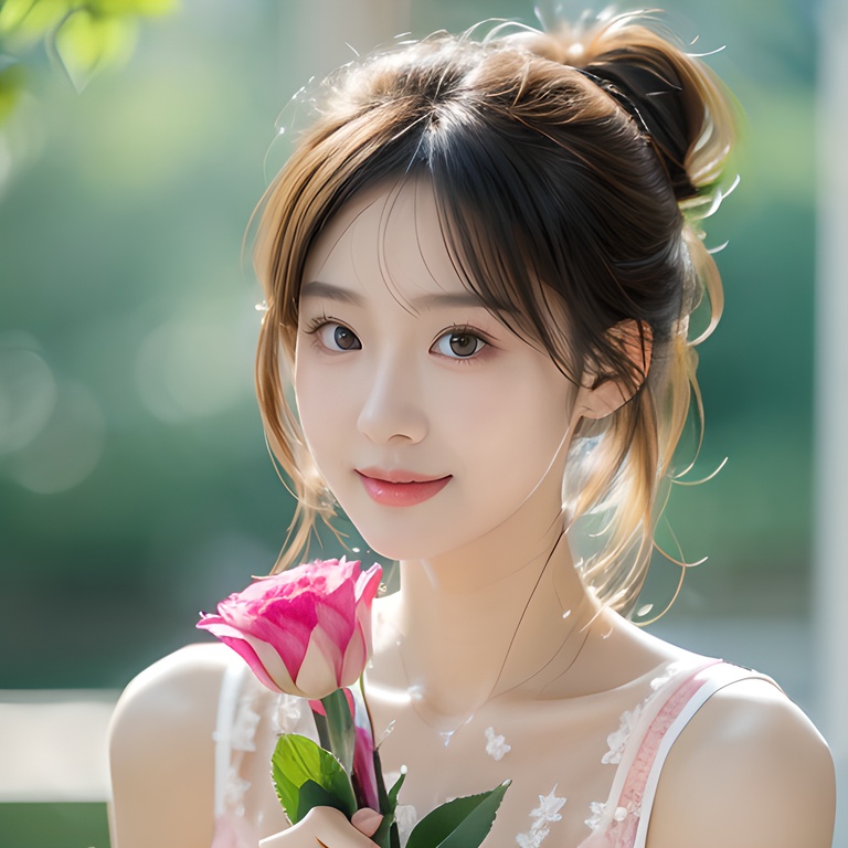 1girl,moyou,double ponytail,twintails,heart hair ornament,Ultra-realistic 8k CG,masterpiece,best quality,(photorealistic:1.4),HDR,absurdres,Professional,RAW photo,lens flare,(film grain:1.1),Bokeh,((Depth of field)),studio light,a woman in a pink dress holding a bouquet of flowers in front of a mirror and a pink background,1girl,blonde_hair,bouquet,flower,lips,long_hair,looking_at_viewer,pink_dress,smile,solo,Highly detailed,Professional,extreme detail description; <lora:20231116-1700127800900:0.8>