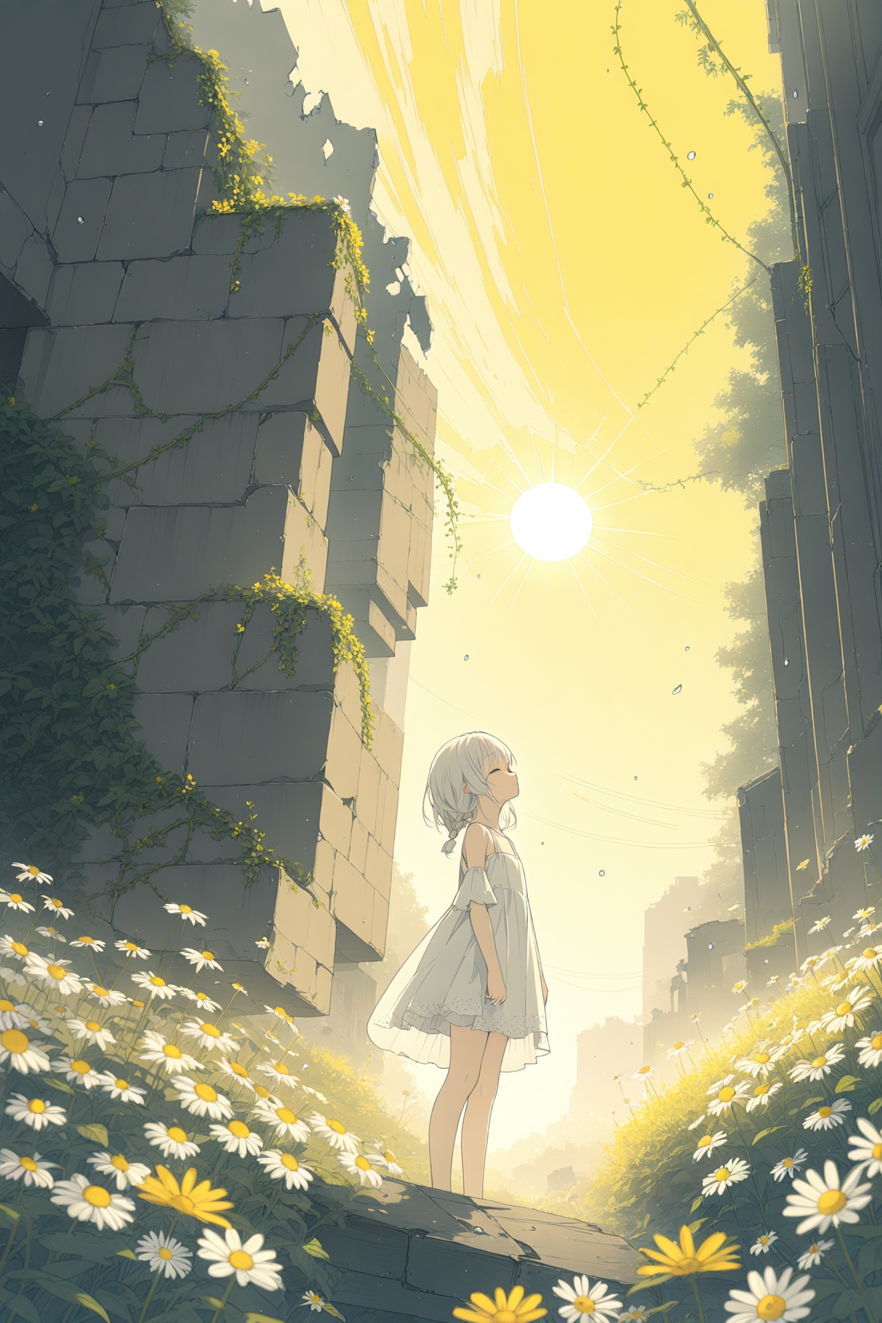(masterpiece),(best quality),illustration,ultra detailed,hdr,Depth of field,(colorful),loli,yellow theme,the setting sun,Chamomile,Chamomile,cornflower,vines,forest,ruins,lens flare,hdr,Tyndall effect,damp,wet,1girl,bare shoulders,broken glass,broken wall,white hair,white dress,closed mouth,constel lation,flat color,braid,blinking,white robe,float,closed mouth,constel lation,flat color,looking up,standing,medium hair,standing,solo,