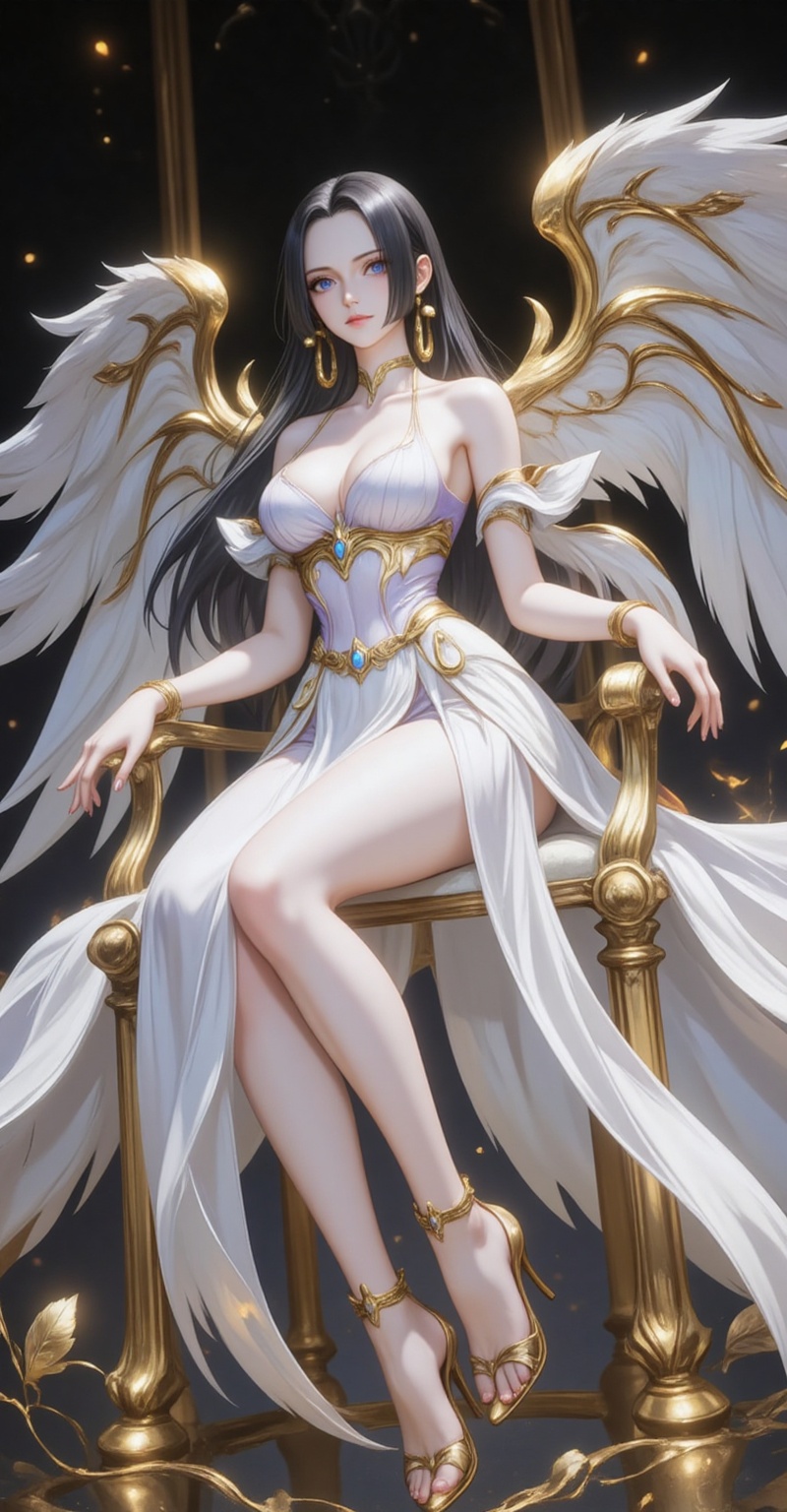 tianshi,nvdi,baoshi,lvjing,black hair,long hair,blue eyes,fair_skin,jewelry,earrings,1girl,wings,dress,angel wings,bracelet,jewelry,white dress,bare shoulders,feathered wings,full body,multiple_wings,large breasts,anklet,gold,high heels,sitting,crossed_legs,chair,long dress,