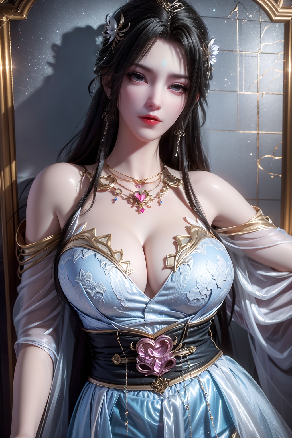 (8k:0.9),RAW photo,best quality,masterpiece,hatching (texture),skin gloss,light persona,artbook,extremely detailed CG unity 8k wallpaper,official art,(high detailed skin),glossy skin,contrapposto,female focus,sexy,fine fabric emphasis,wall paper,depth_of_field,1girl,solo,very long skirt,very long hair,(portrait:1.6),curvy,mirror selfie,bare shoulders,qy-hd,rt-hd,(heart pasties:1.6),<lora:0412清漪白衣12864:0.8>,ll-hd,<lora:1111白皙质感:0.5>,ty-hd,<lora:0110田野:0.6>,