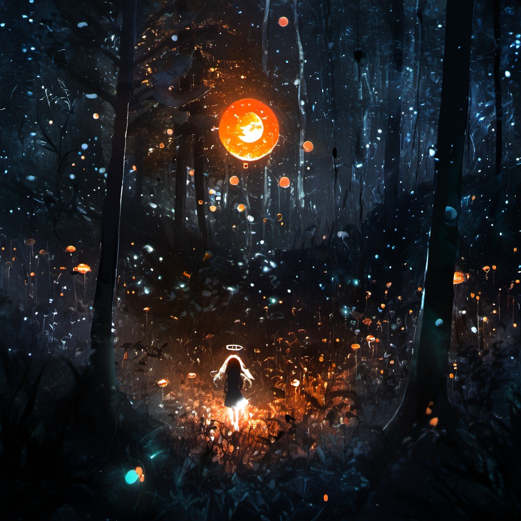 <lora:star_xl_v3:1>,silhouette painting, ethereal ambiance, 1girl, orange theme, solo, long hair, blonde hair, dress, very long hair, standing, outdoors, white dress, tree, glowing, halo, nature, scenery, forest, bubble, dark, night, moon, light, crescent moon, a mystical and ethereal forest scene at night, the forest floor is illuminated by a myriad of glowing orbs, some of which resemble fireflies, while others have a more luminescent quality. these orbs cast a soft and radiant light that contrasts with the darker shadows of the trees and foliage, a tall and glowing silhouette of a girl with long flowing hair, standing amidst the orbs, serene, magical, and otherworldly., nocturnal, glow, orbs, fireflies, radiant light, luminescent, translucent, ambiance