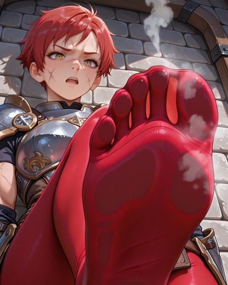 masterpiece,best quality,highres illustration,detailed face,1girl,fantasy,<lora:footcloseup_IL:1>,foot focus,disgust,open mouth,red pantyhose,red hair,very short hair,armor,scar on face,muscular female,stone wall,steam,