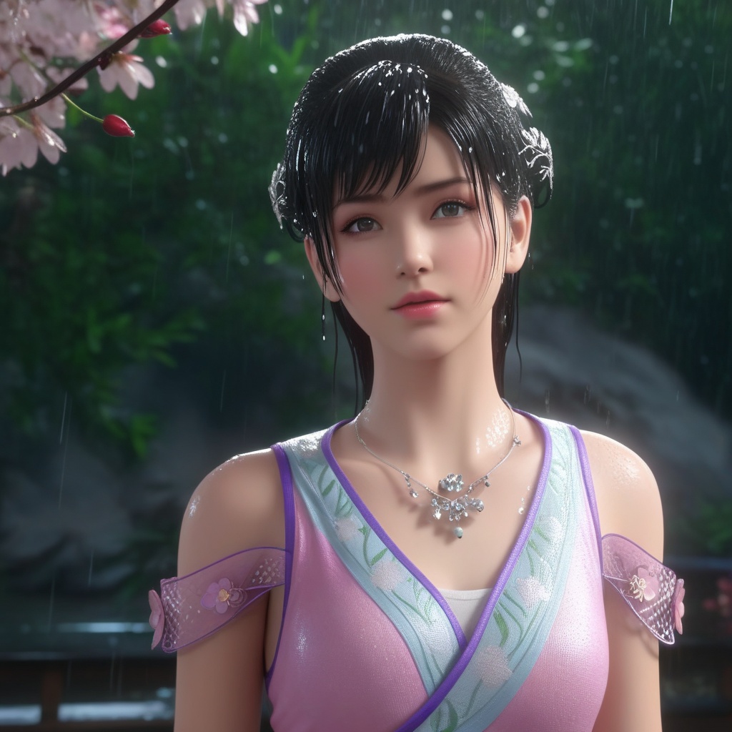 <lora:709-DA-XL-斗破苍穹-小医仙:0.8>(,1girl, ,best quality, ),looking at viewer, ,ultra detailed 8k cg, ultra detailed background,  ultra realistic 8k cg,          cinematic lighting, cinematic bloom, (( , )),,  , unreal, science fiction,  luxury, jewelry, diamond, pearl, gem, sapphire, ruby, emerald, intricate detail, delicate pattern, charming, alluring, seductive, erotic, enchanting, hair ornament, necklace, earrings, bracelet, armlet,halo,masterpiece, (( , )),, realistic,science fiction,mole, ,cherry blossoms,(((, , ultra high res, (photorealistic:1.4), raw photo, 1girl, wet clothes, rain, sweat, ,wet, )))(( , ))   (cleavage), (), 