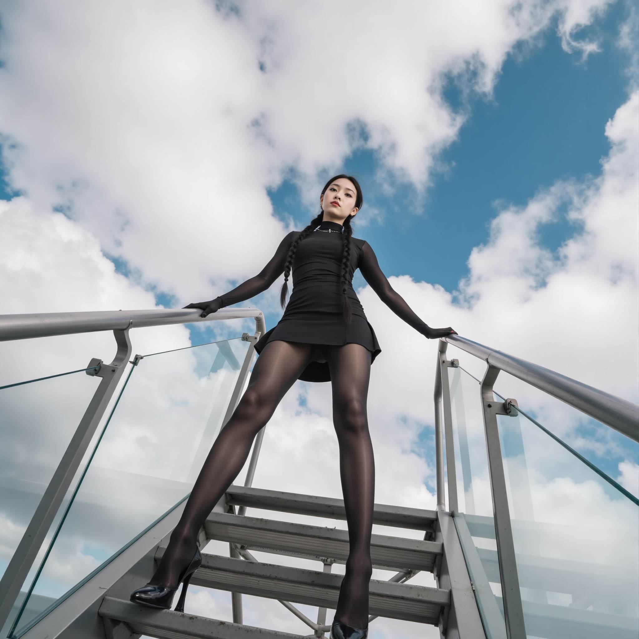first-person perspective,The photograph captures a young woman standing on a metal staircase, looking up at the viewer, creating a dramatic perspective. She has a slender, athletic build and is of East Asian descent, with fair skin and delicate features. Her hair is styled in two long, dark braids. She wears a black, high-necked, long-sleeve top and a short black skirt, both made of sheer material, revealing her legs. Her outfit is completed with sheer black tights and black, high-heeled shoes. The staircase she stands on is metal, with a glass railing, and the background reveals a partly cloudy sky with a bright blue sky. The photograph emphasizes the woman's height and dominance, as she appears to be towering over the viewer. The staircase and her attire suggest a modern, urban setting. The photograph is taken from a low angle, making the woman appear larger and more imposing, with the sky and clouds filling the background, creating a striking visual contrast. <lora:特色镜头FLUX:0.8>