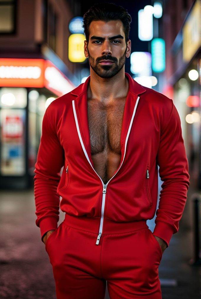 Nyle Dimarco ,  realistic photo in a worn ((skin-revealing skimpy erotic red tracksuit,  massive pecs)) on Tensor.Art