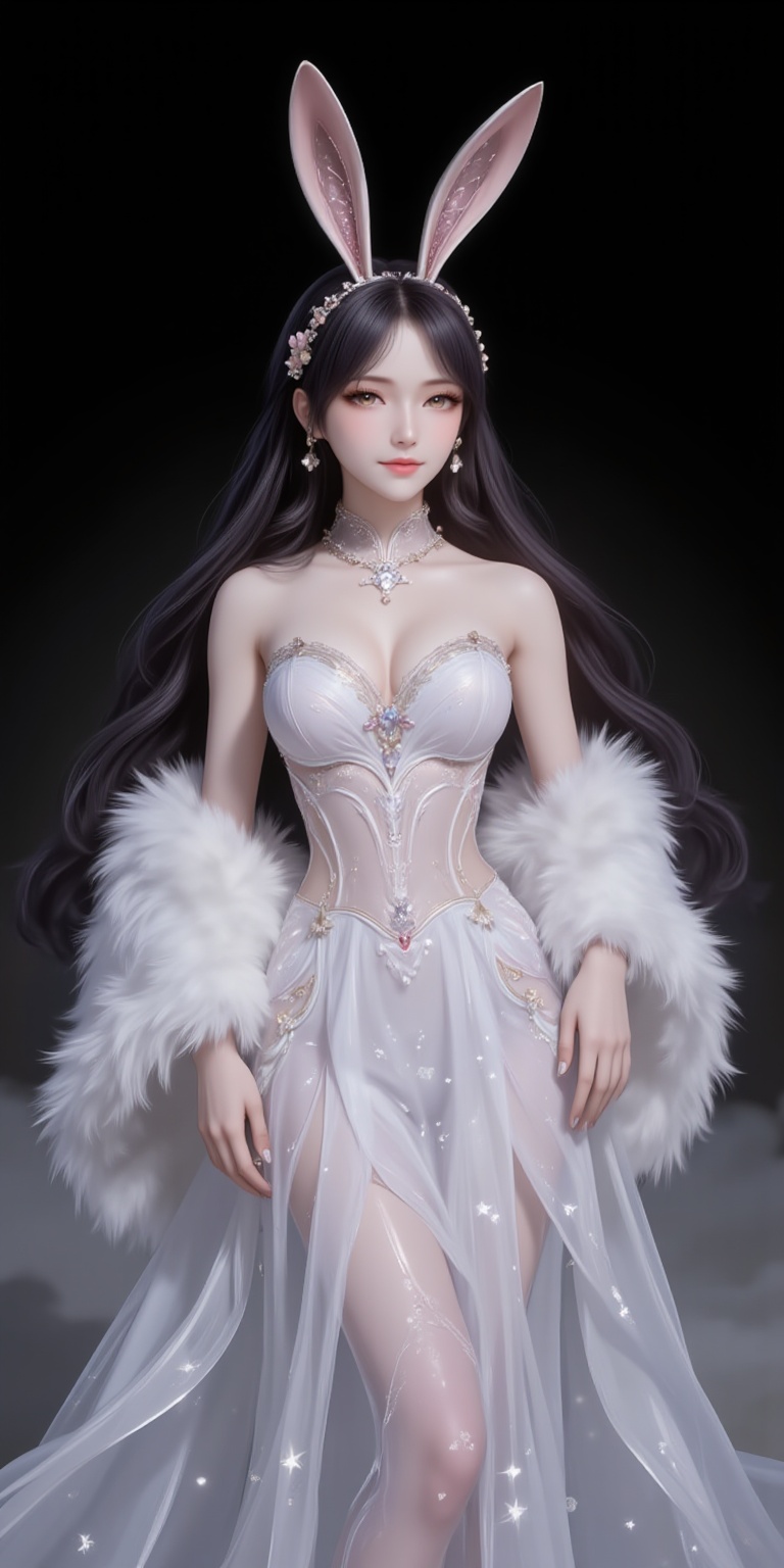 <lora:婚纱1·人物百搭款6:1.1>,hunsha,1girl,dress,solo,breasts,fur shawl,white dress,cleavage,bare shoulders,medium breasts,indoors,standing,strapless dress,sparkle,black_background,simple background,cover,gradient background,close-up details,outstanding style,adding a touch of dimension to your images without compromising details,close-up,<lora:DJ滤镜_2.5D版:0.3>,lvjing,<lora:油画唯美滤镜15:0.2>,baoshi,<lora:江楠楠·衣服百搭款6:1.1>,jiangnannan,black hair,long hair,wavy hair,very long hair,brown eyes,fair_skin,rabbit ears headwear,